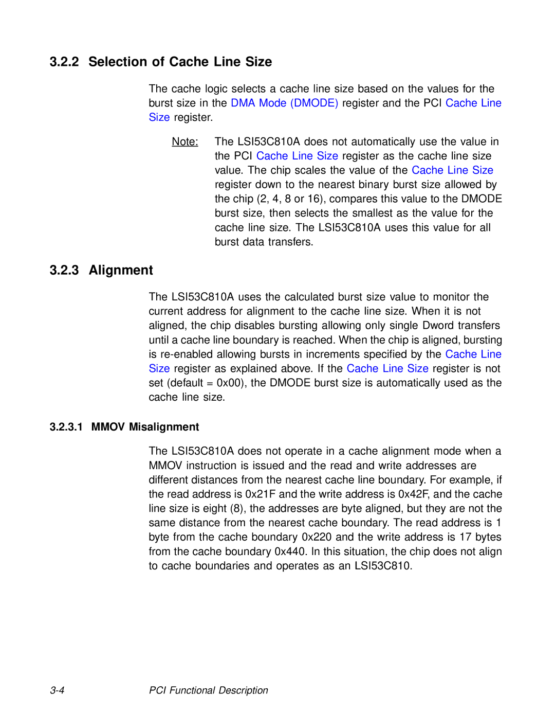 LSI 53C810A technical manual Selection of Cache Line Size, Alignment, Mmov Misalignment 