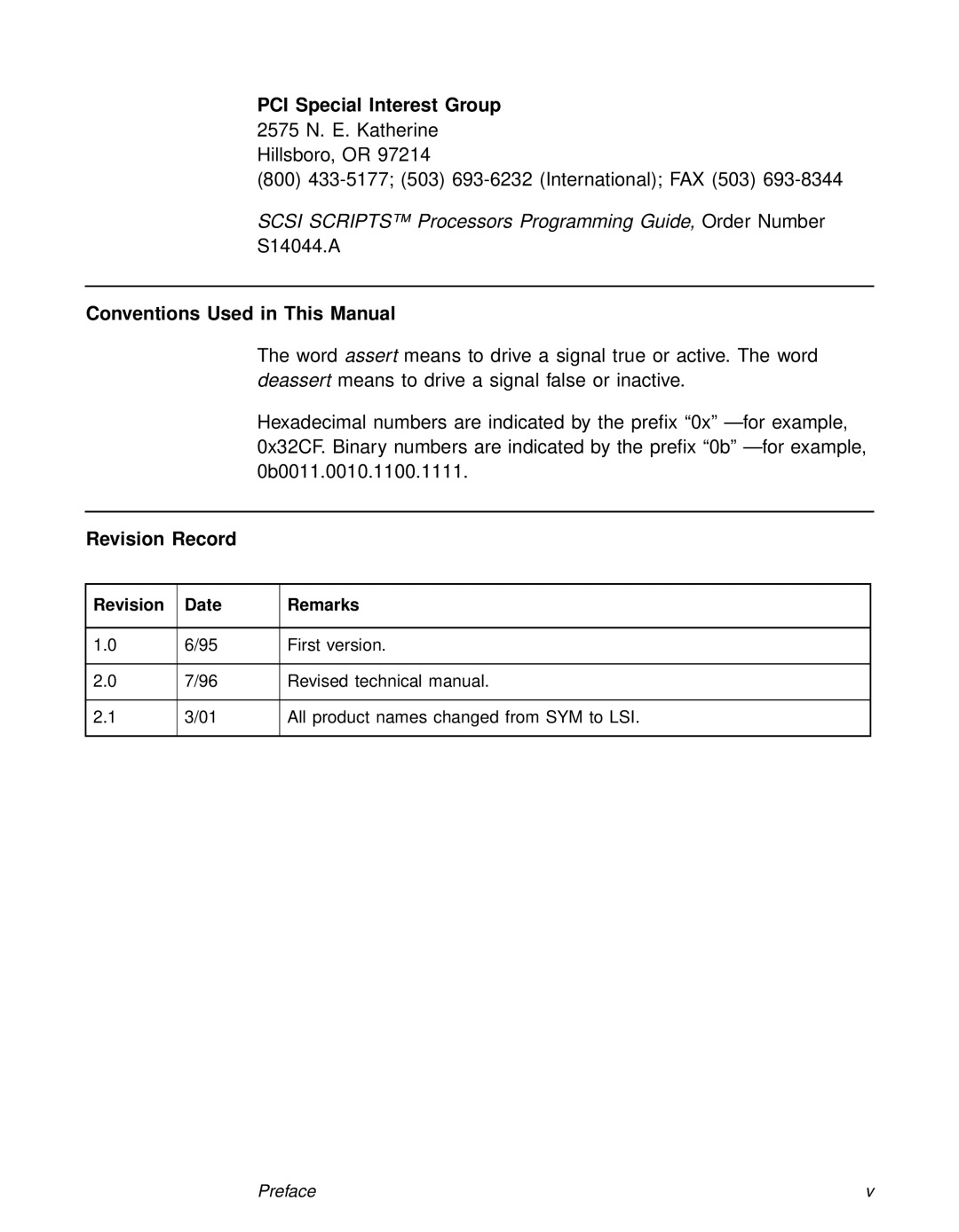 LSI 53C810A technical manual PCI Special Interest Group, Conventions Used in This Manual, Revision Record 