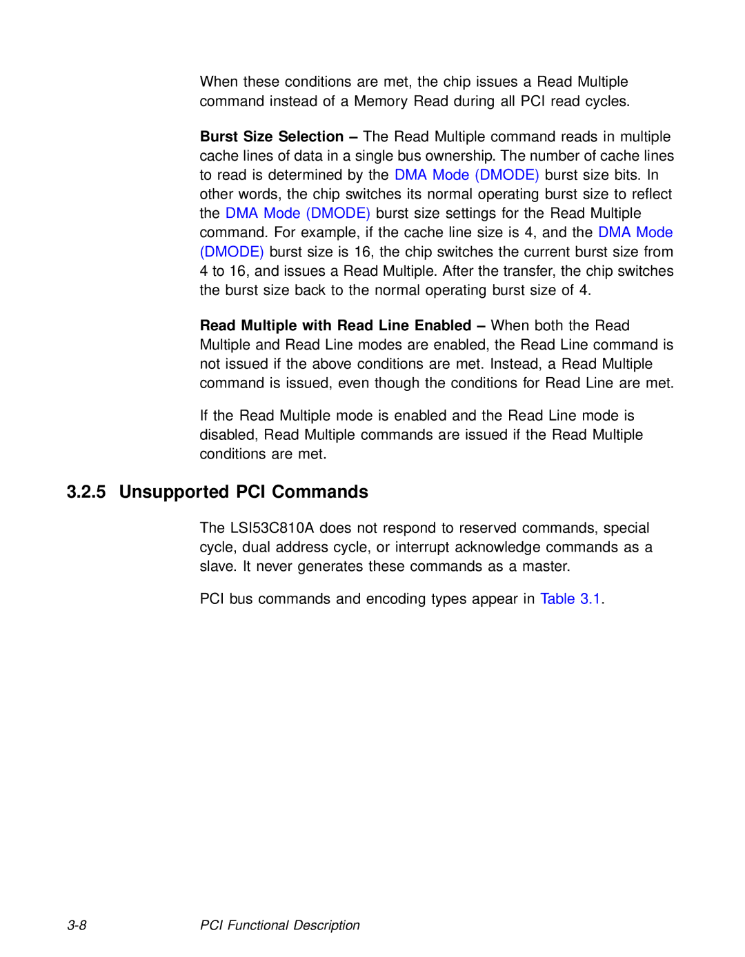 LSI 53C810A technical manual Unsupported PCI Commands 