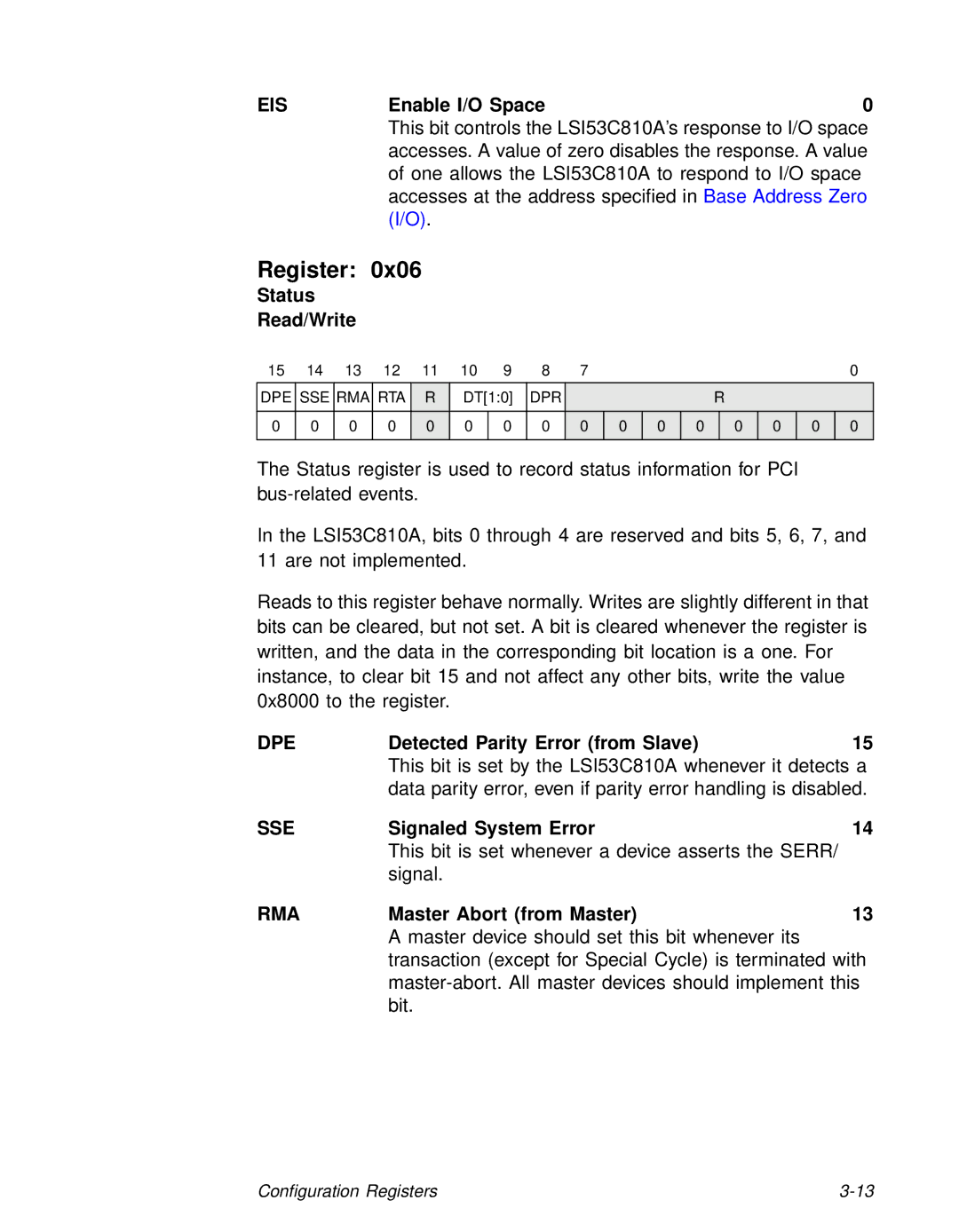 LSI 53C810A technical manual EISEnable I/O Space0, Status Read/Write, Dpe, Sse, Rma 