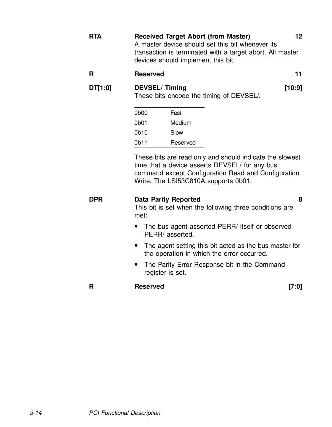 LSI 53C810A technical manual Rta, DPRData Parity Reported8 