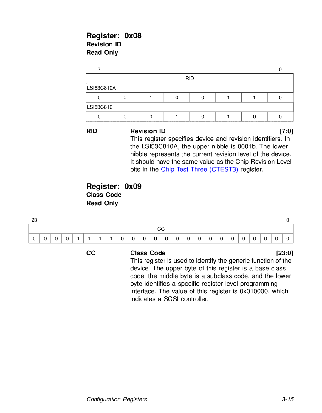 LSI 53C810A technical manual Register 0x08, Register 0x09, Rid 