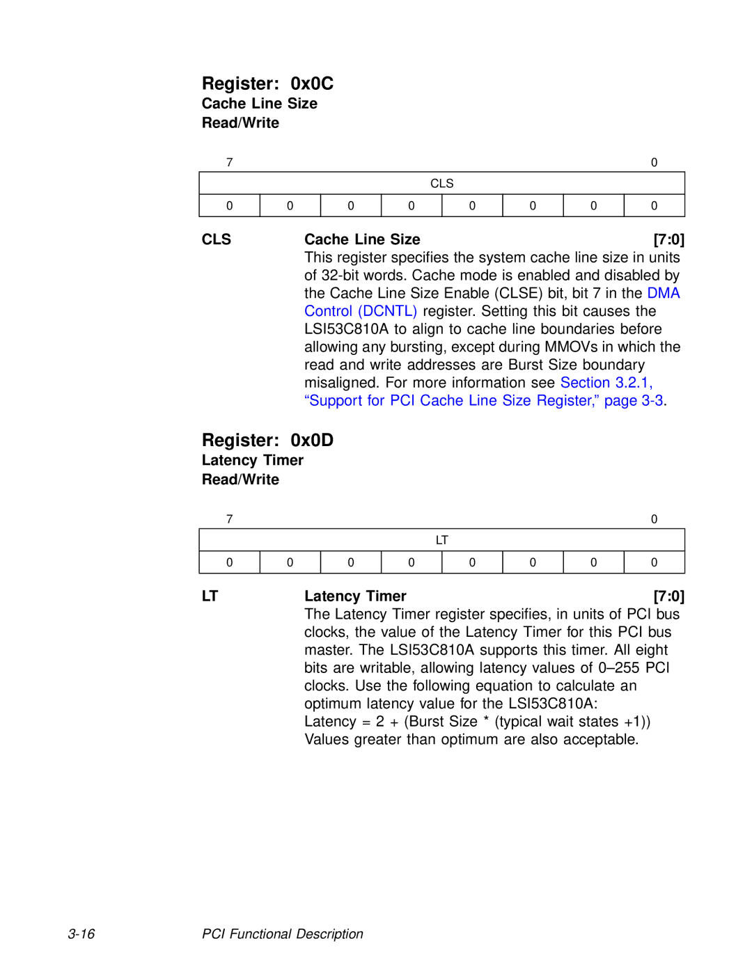 LSI 53C810A technical manual Register 0x0C, Register 0x0D, Cache Line Size Read/Write, CLSCache Line Size70 