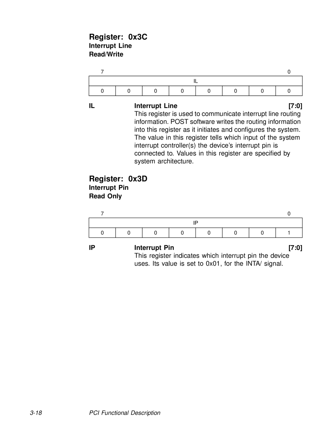 LSI 53C810A technical manual Register 0x3C, Register 0x3D, Interrupt Line Read/Write ILInterrupt Line70 