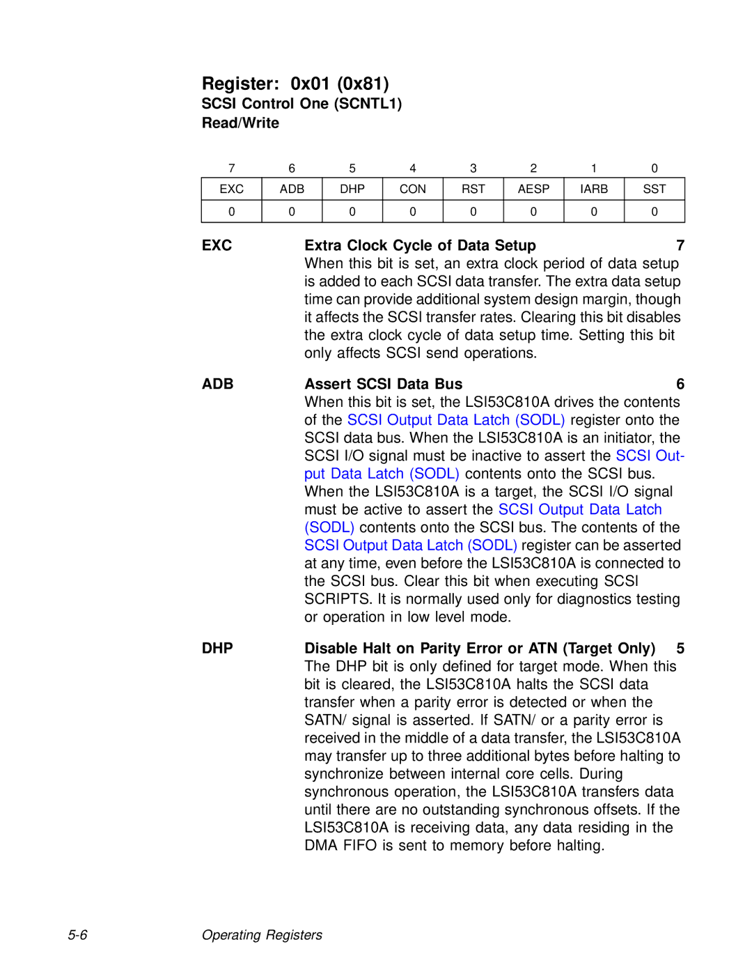 LSI 53C810A technical manual Register 0x01, Exc, Adb, Dhp 