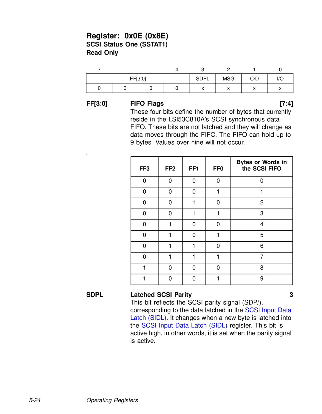 LSI 53C810A Register 0x0E 0x8E, Scsi Status One SSTAT1 Read Only, FF30 Fifo Flags, Sdpl Latched Scsi Parity3 