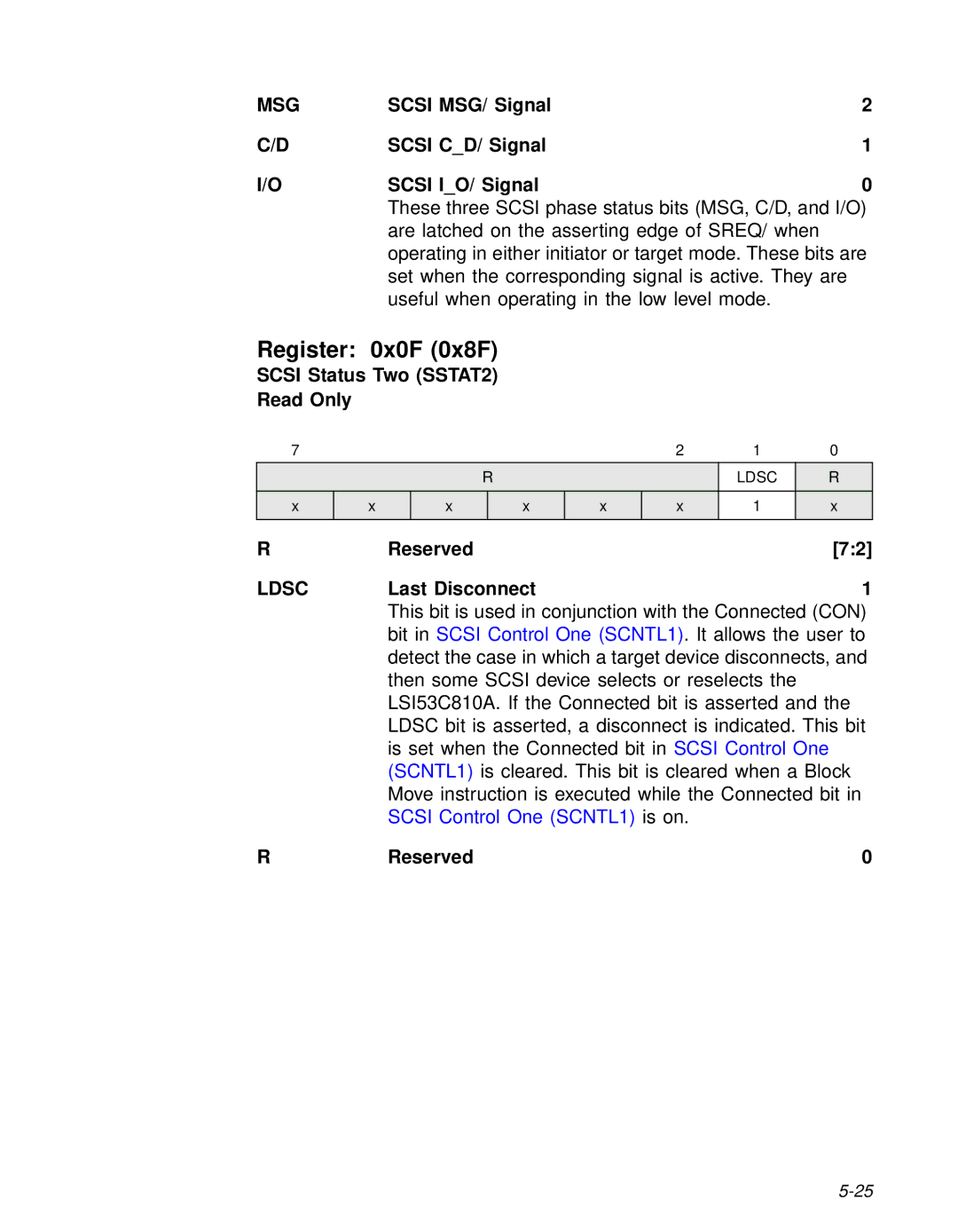 LSI 53C810A Register 0x0F 0x8F, Scsi MSG/ Signal Scsi CD/ Signal Scsi IO/ Signal, Scsi Status Two SSTAT2 Read Only, Ldsc 