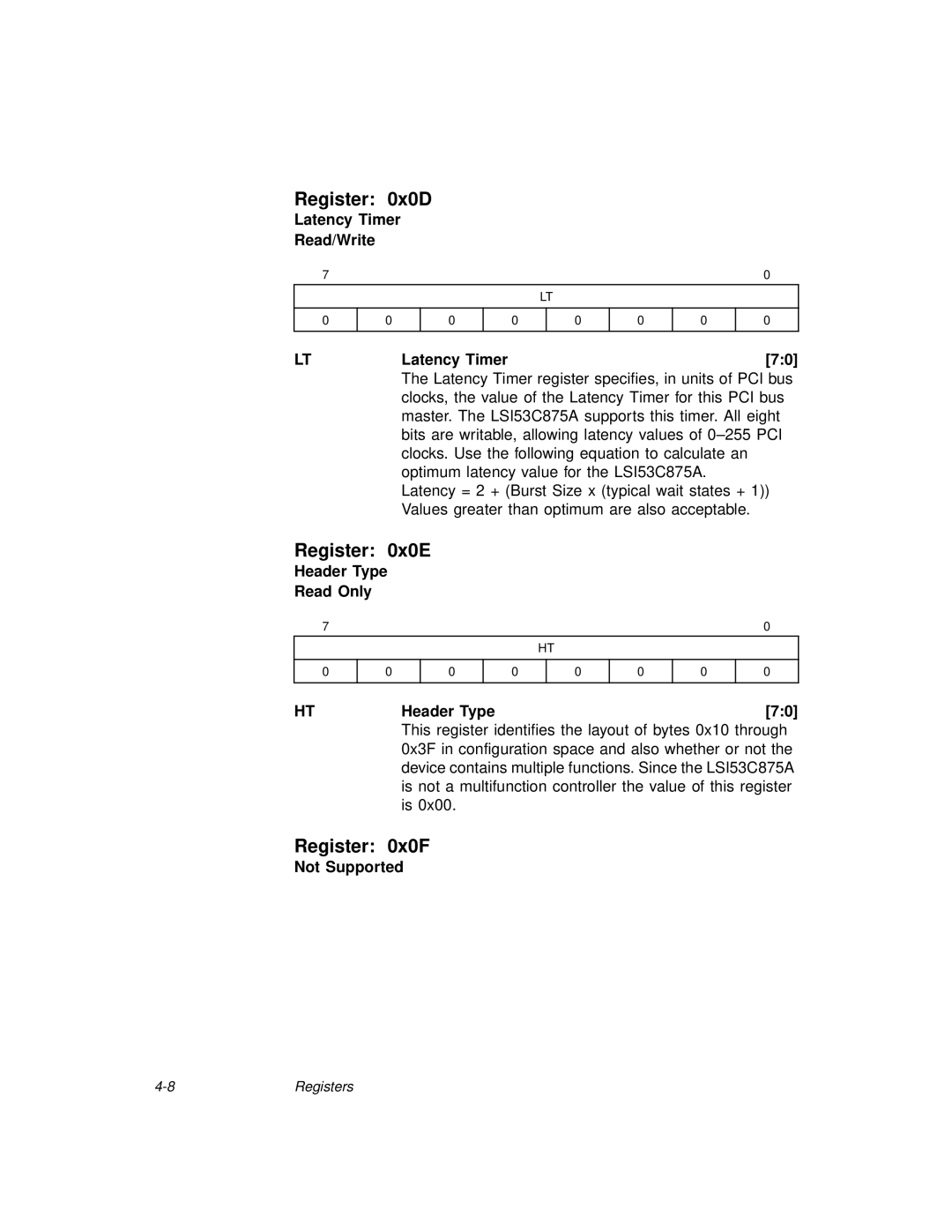 LSI 53C875A technical manual Register 0x0D, Register 0x0E, Register 0x0F 