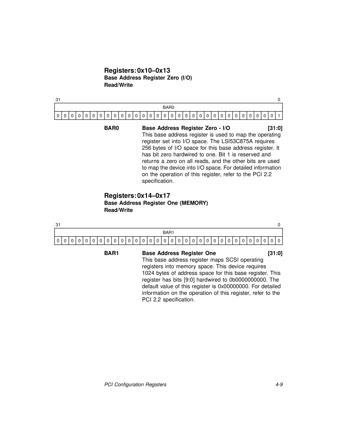 LSI 53C875A technical manual BAR0, BAR1 