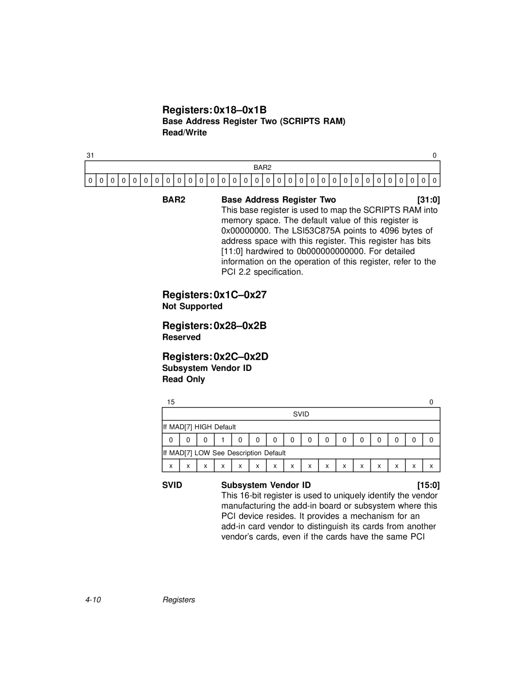 LSI 53C875A technical manual Registers 0x18-0x1B, Registers 0x1C-0x27, Registers 0x28-0x2B, Registers 0x2C-0x2D 