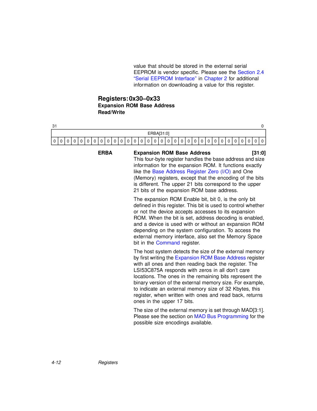 LSI 53C875A technical manual Expansion ROM Base Address Read/Write, Erba, Expansion ROM Base Address 310 