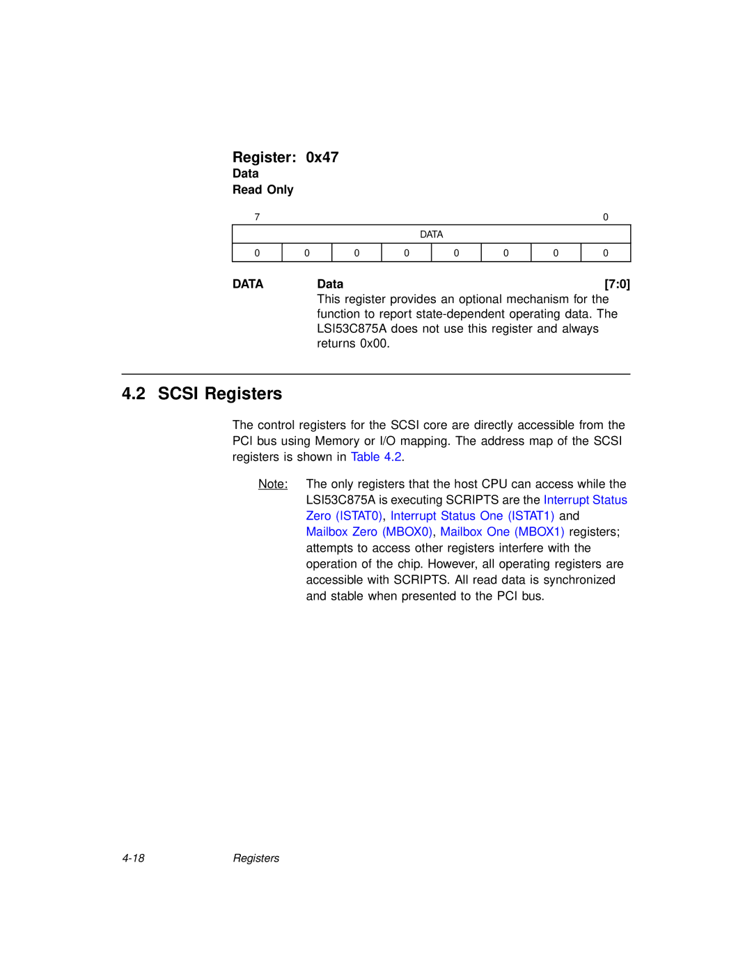 LSI 53C875A technical manual Scsi Registers, Data Read Only, DATAData70 