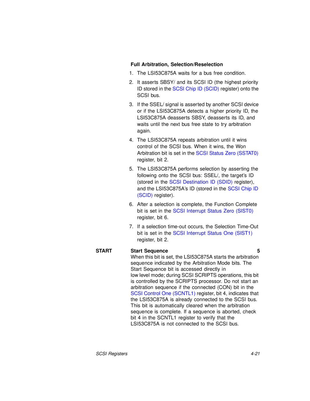 LSI 53C875A technical manual Full Arbitration, Selection/Reselection, Start Start Sequence5 