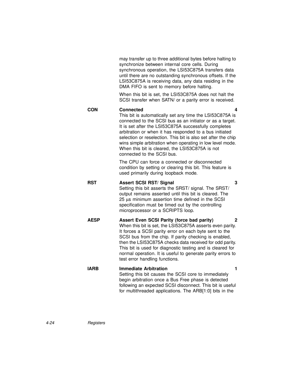 LSI 53C875A technical manual Con, Rst, Aesp, Iarb 