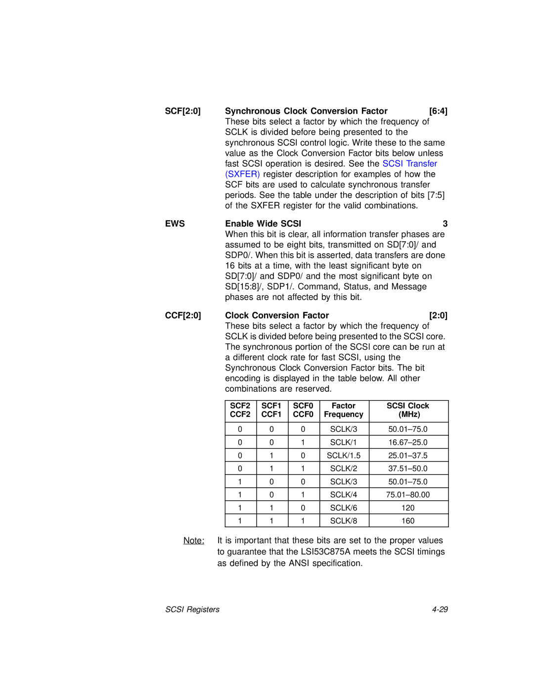 LSI 53C875A SCF20 Synchronous Clock Conversion Factor, Ews, Enable Wide Scsi, CCF20 Clock Conversion Factor 