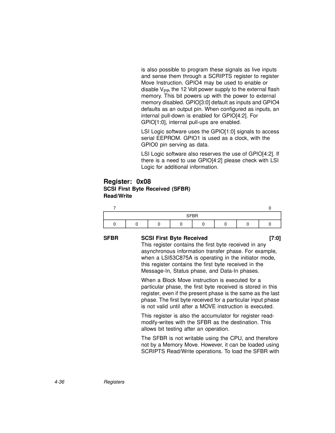 LSI 53C875A technical manual Scsi First Byte Received Sfbr Read/Write, Sfbr Scsi First Byte Received70 