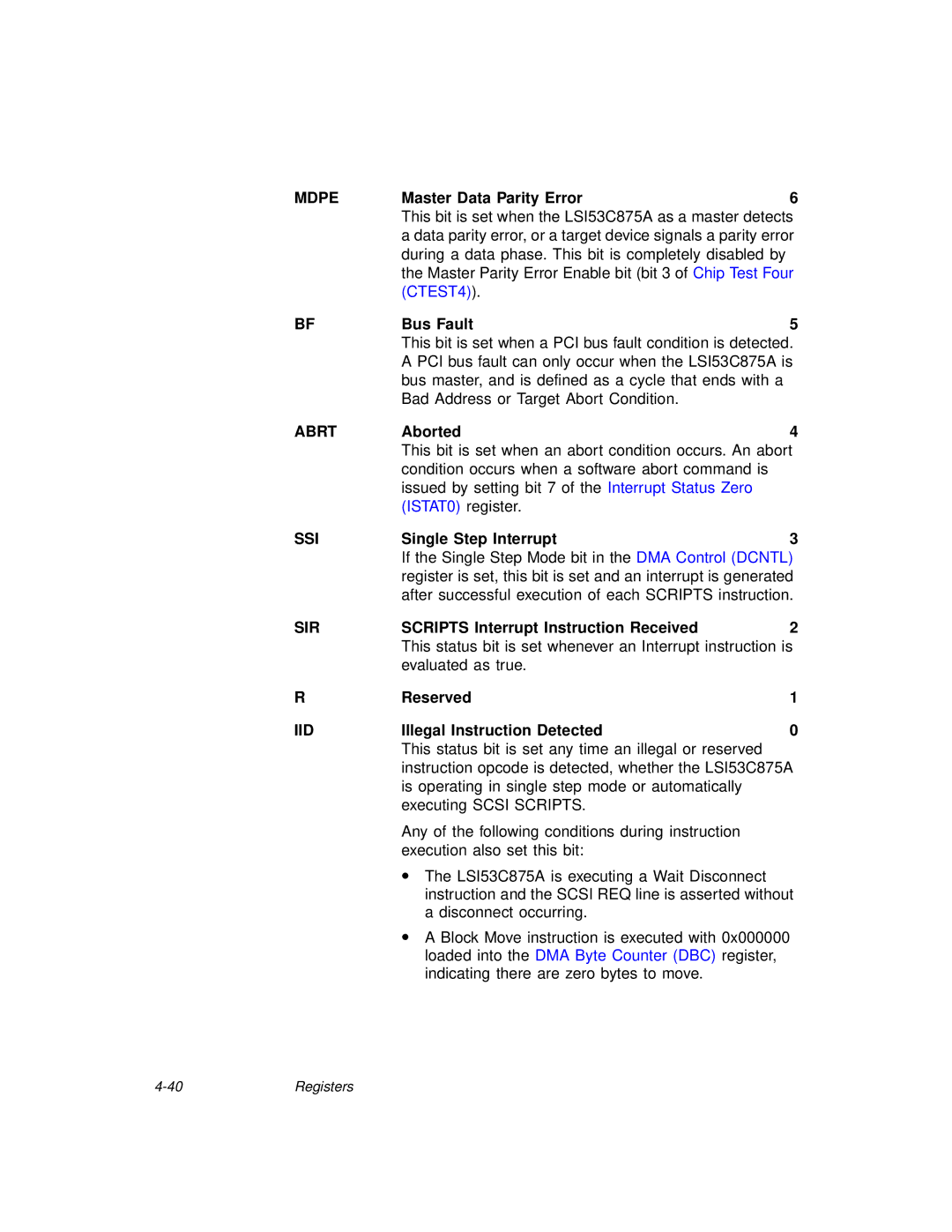 LSI 53C875A technical manual Mdpe, Abrt, Ssi, Sir, Iid 