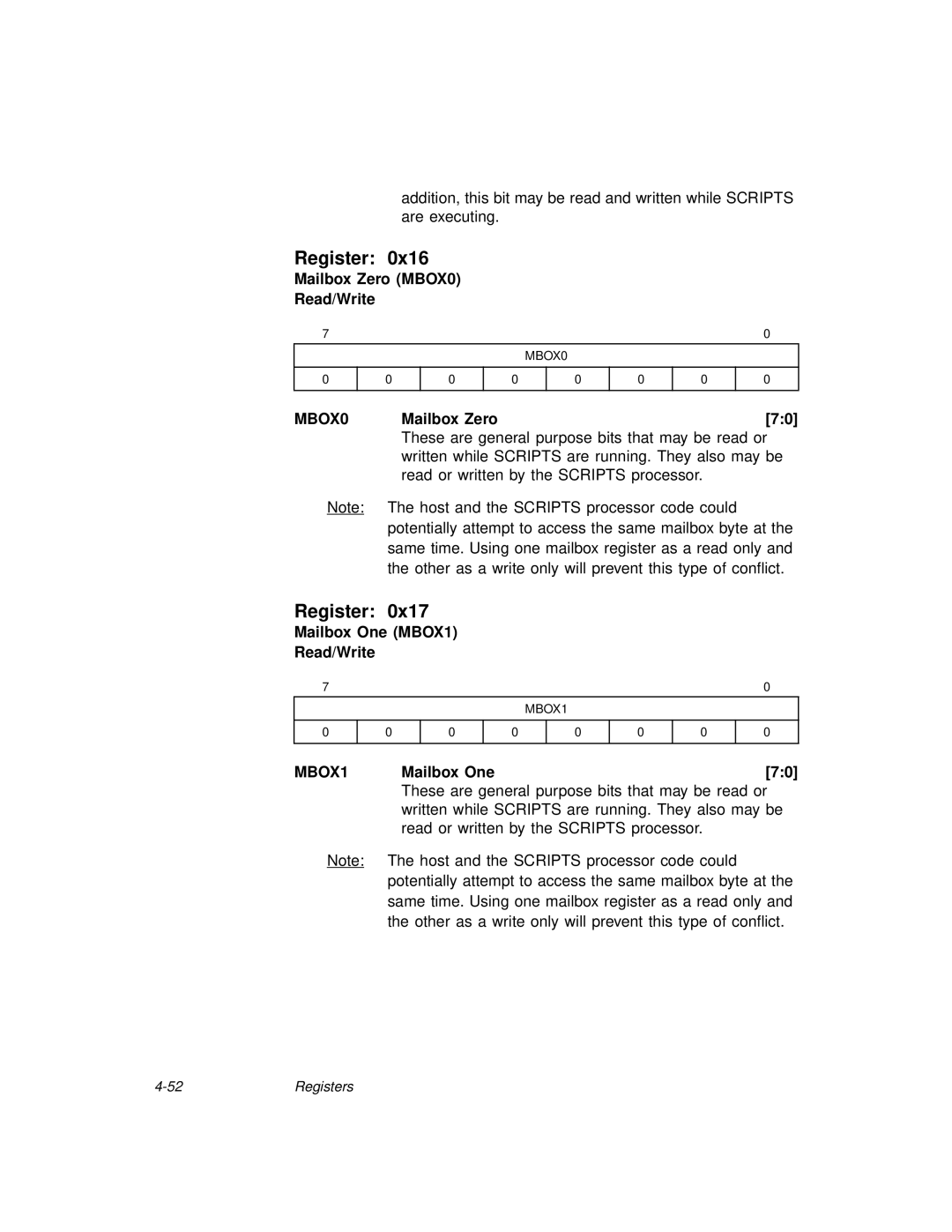 LSI 53C875A Mailbox Zero MBOX0 Read/Write, MBOX0 Mailbox Zero70, Mailbox One MBOX1 Read/Write, MBOX1 Mailbox One70 