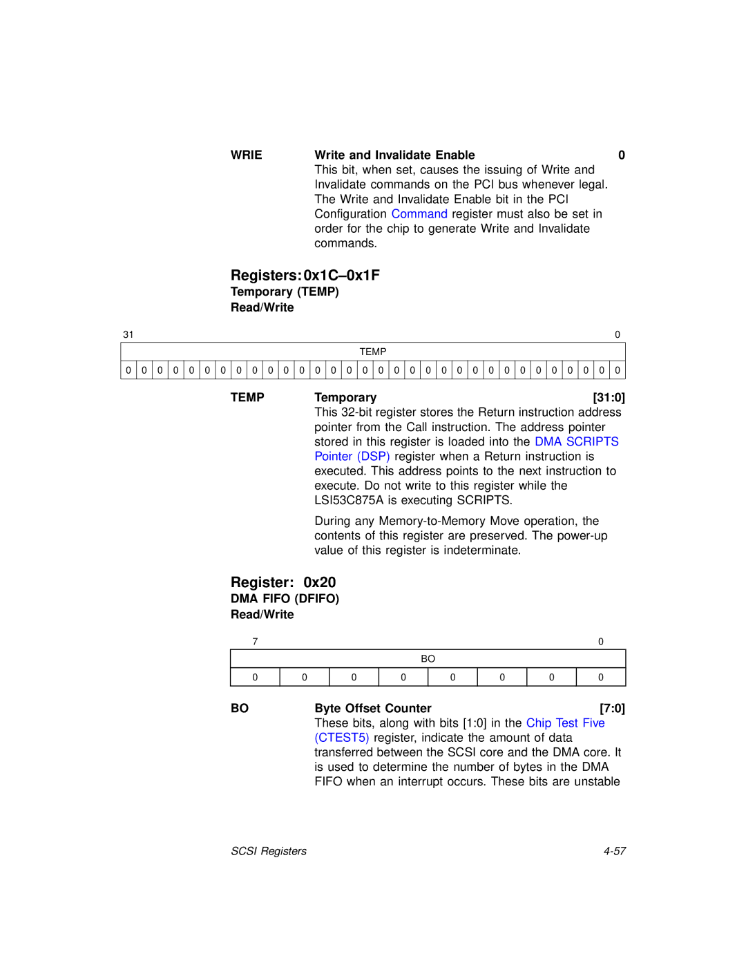 LSI 53C875A technical manual Registers 0x1C-0x1F, Temp, DMA Fifo Dfifo 