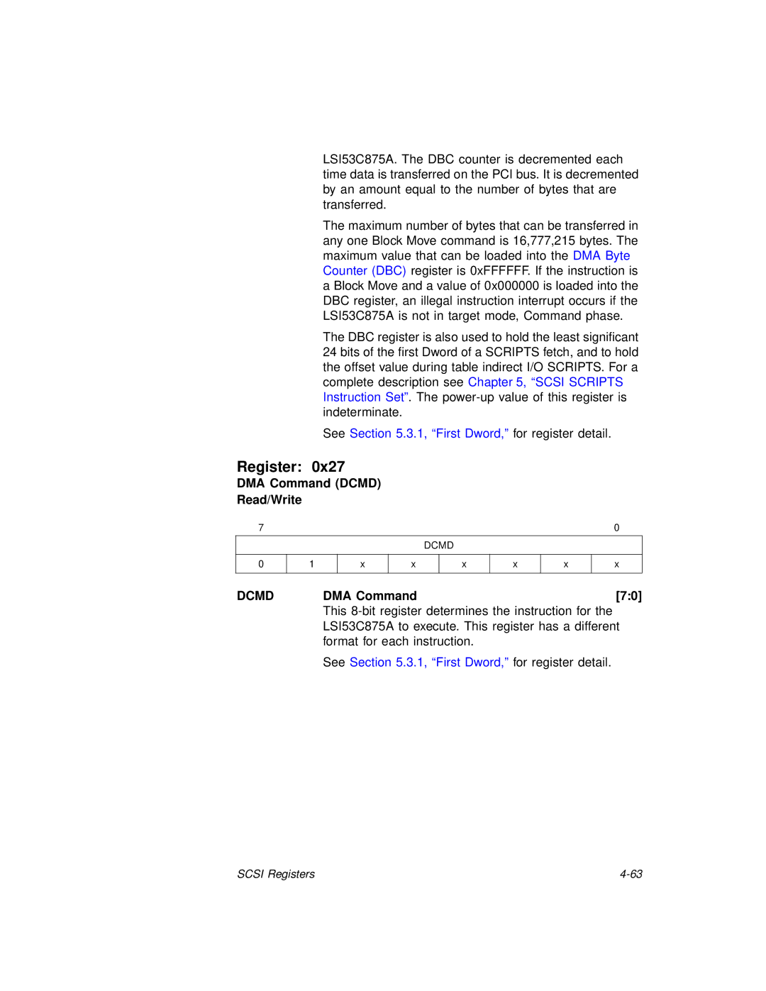 LSI 53C875A technical manual DMA Command Dcmd Read/Write, Dcmd DMA Command70 