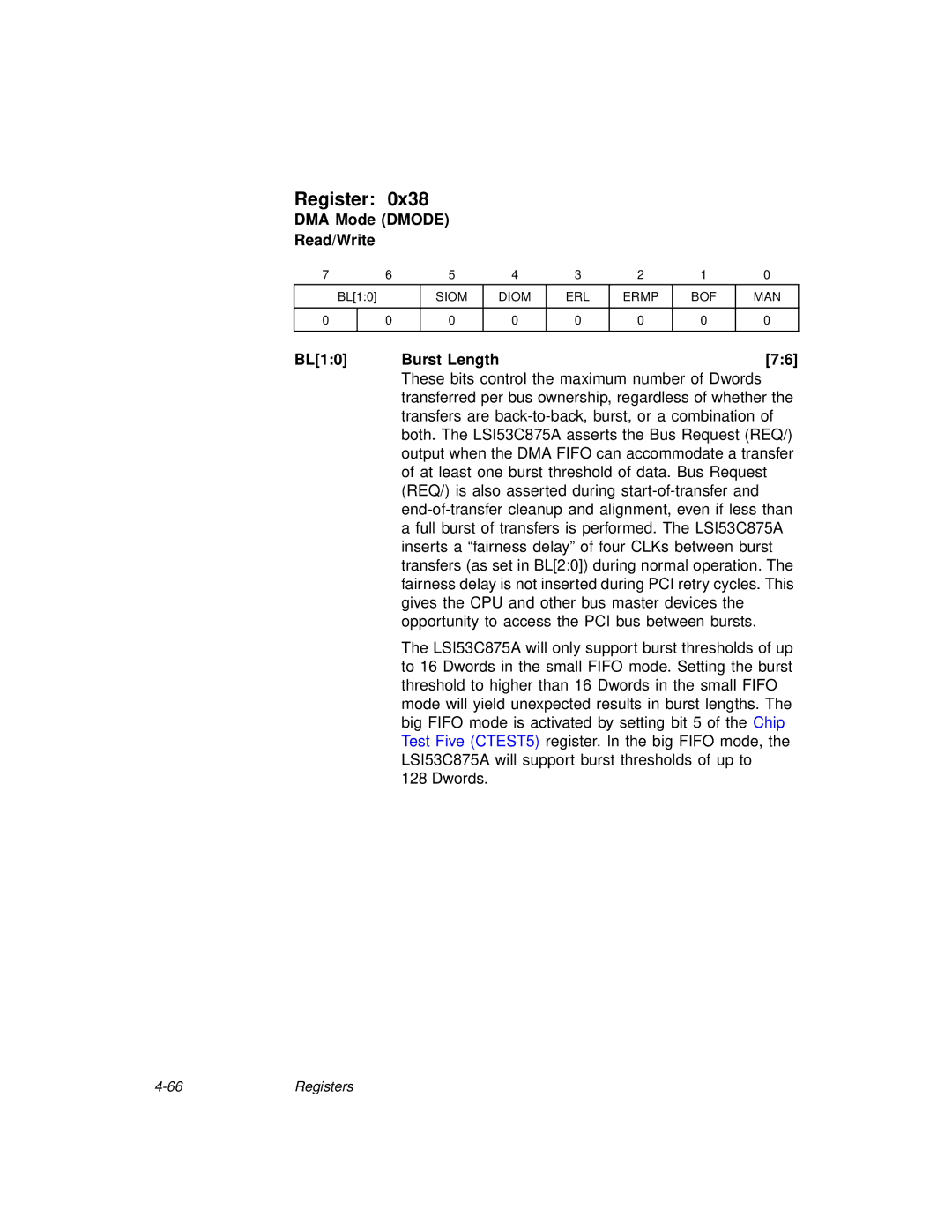 LSI 53C875A technical manual DMA Mode Dmode Read/Write, BL10 Burst Length 