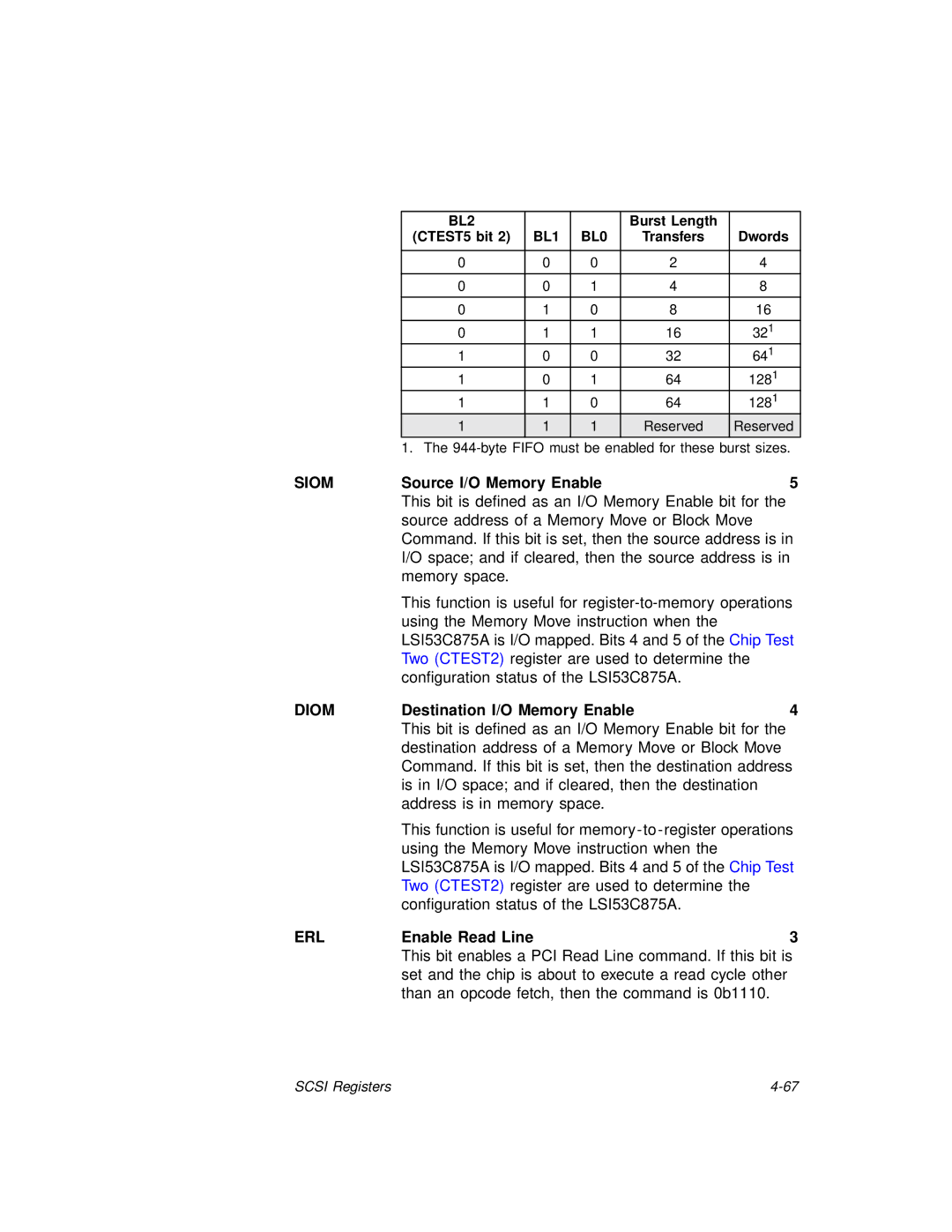 LSI 53C875A technical manual Siom, Source I/O Memory Enable, Diom, Destination I/O Memory Enable, ERLEnable Read Line3 