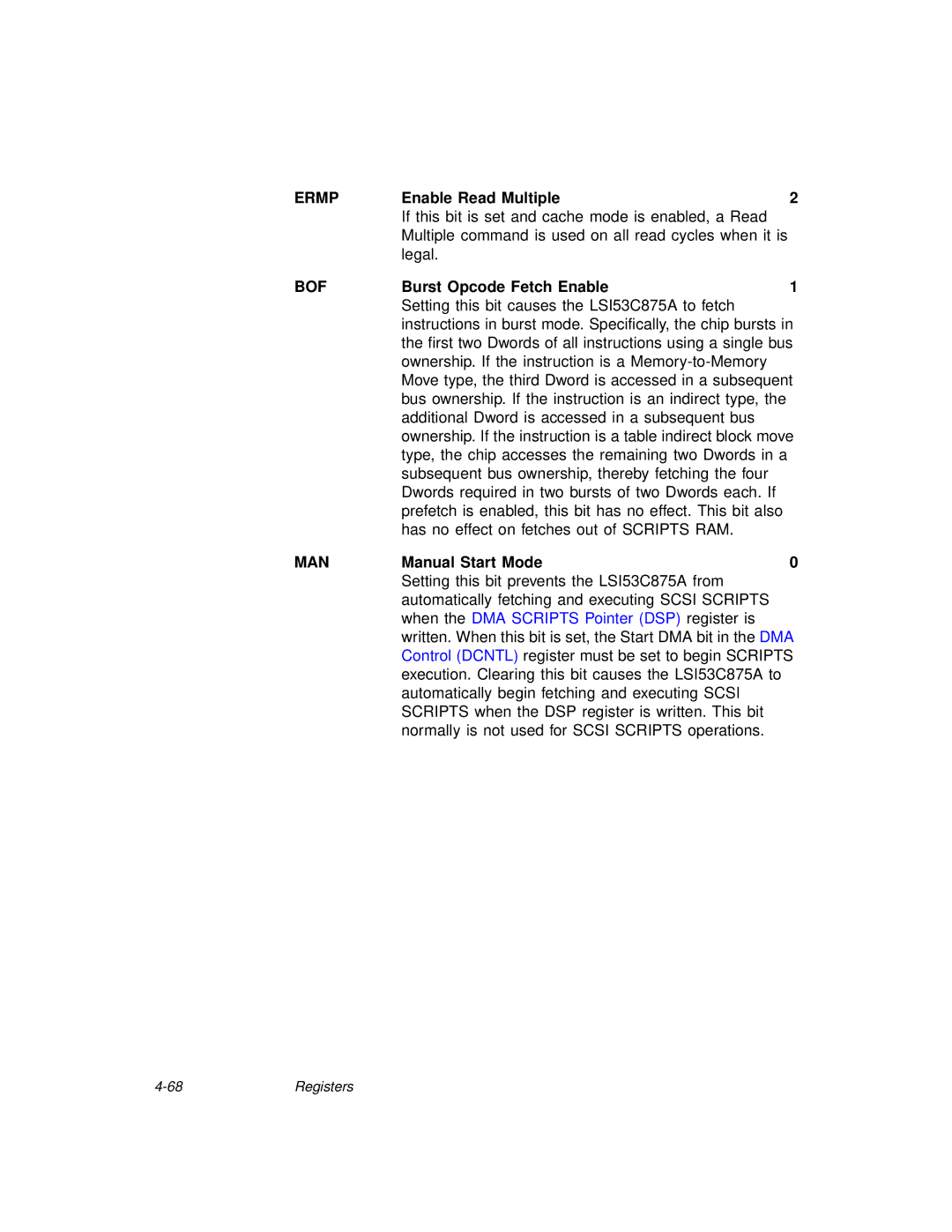 LSI 53C875A technical manual Ermp, Enable Read Multiple, Bof, Burst Opcode Fetch Enable, MANManual Start Mode0 