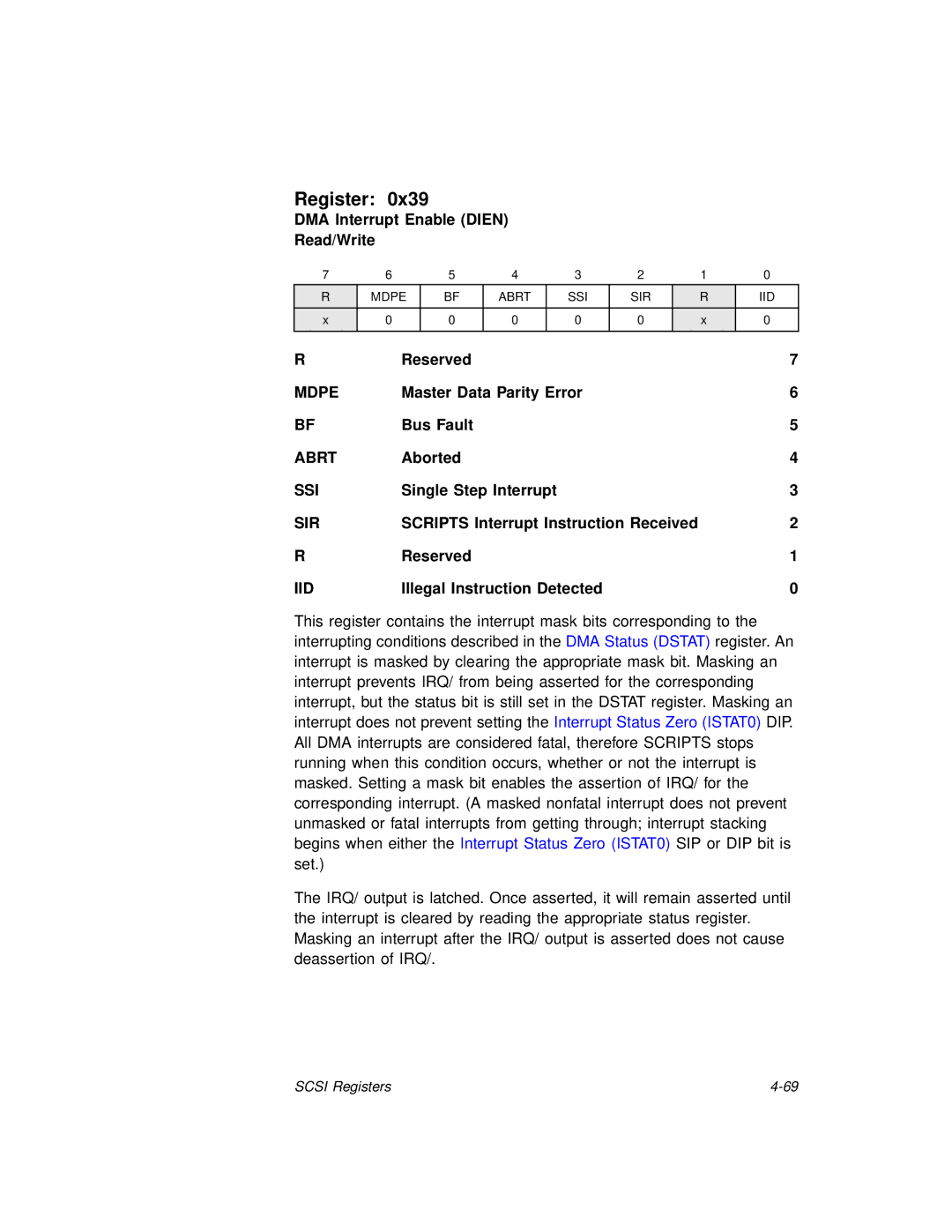 LSI 53C875A DMA Interrupt Enable Dien Read/Write, Master Data Parity Error Bus Fault, Illegal Instruction Detected 