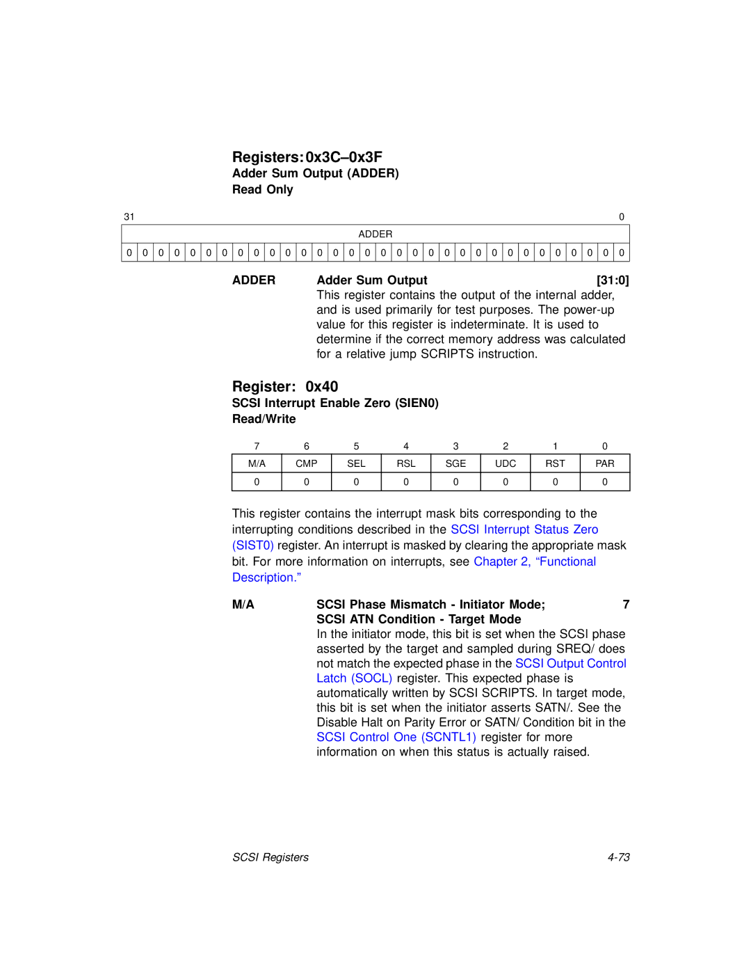 LSI 53C875A technical manual Registers 0x3C-0x3F, 0x40, Adder 