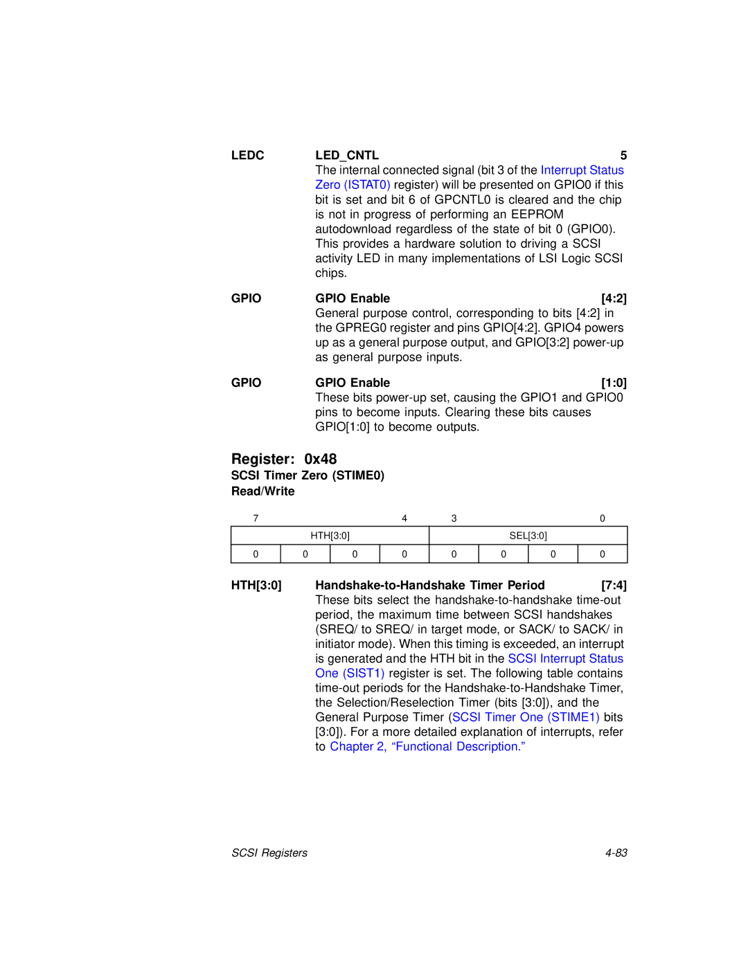 LSI 53C875A technical manual Ledc Ledcntl, Gpio Enable, Gpiogpio Enable10, Scsi Timer Zero STIME0 Read/Write 