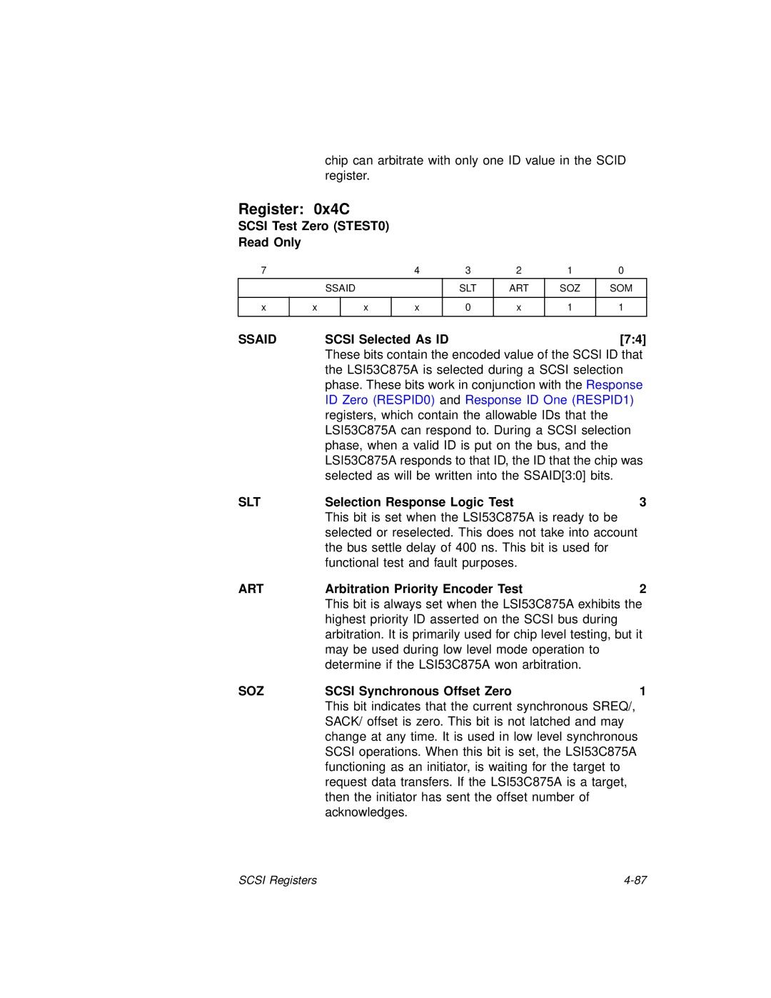 LSI 53C875A technical manual Register 0x4C, Ssaid, Slt, Art, Soz 