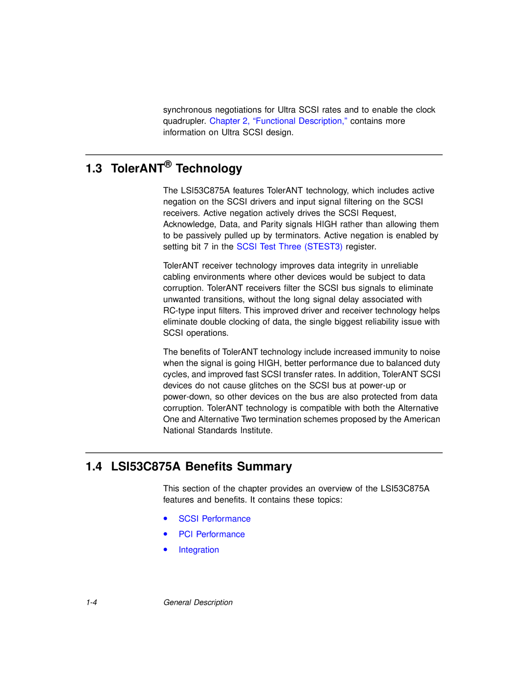 LSI technical manual TolerANT Technology, LSI53C875A Benefits Summary 