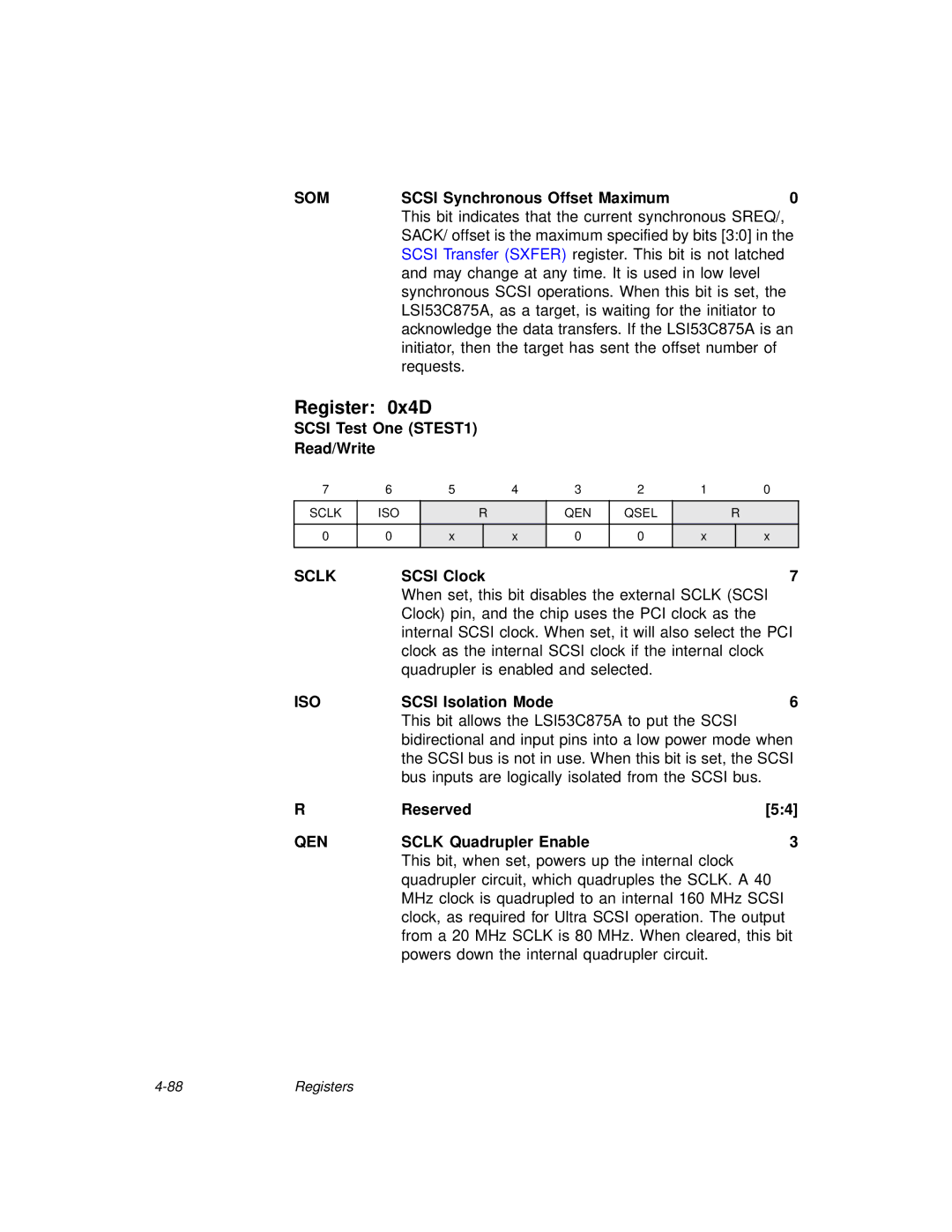 LSI 53C875A technical manual Register 0x4D, Sclk, Iso, Qen 