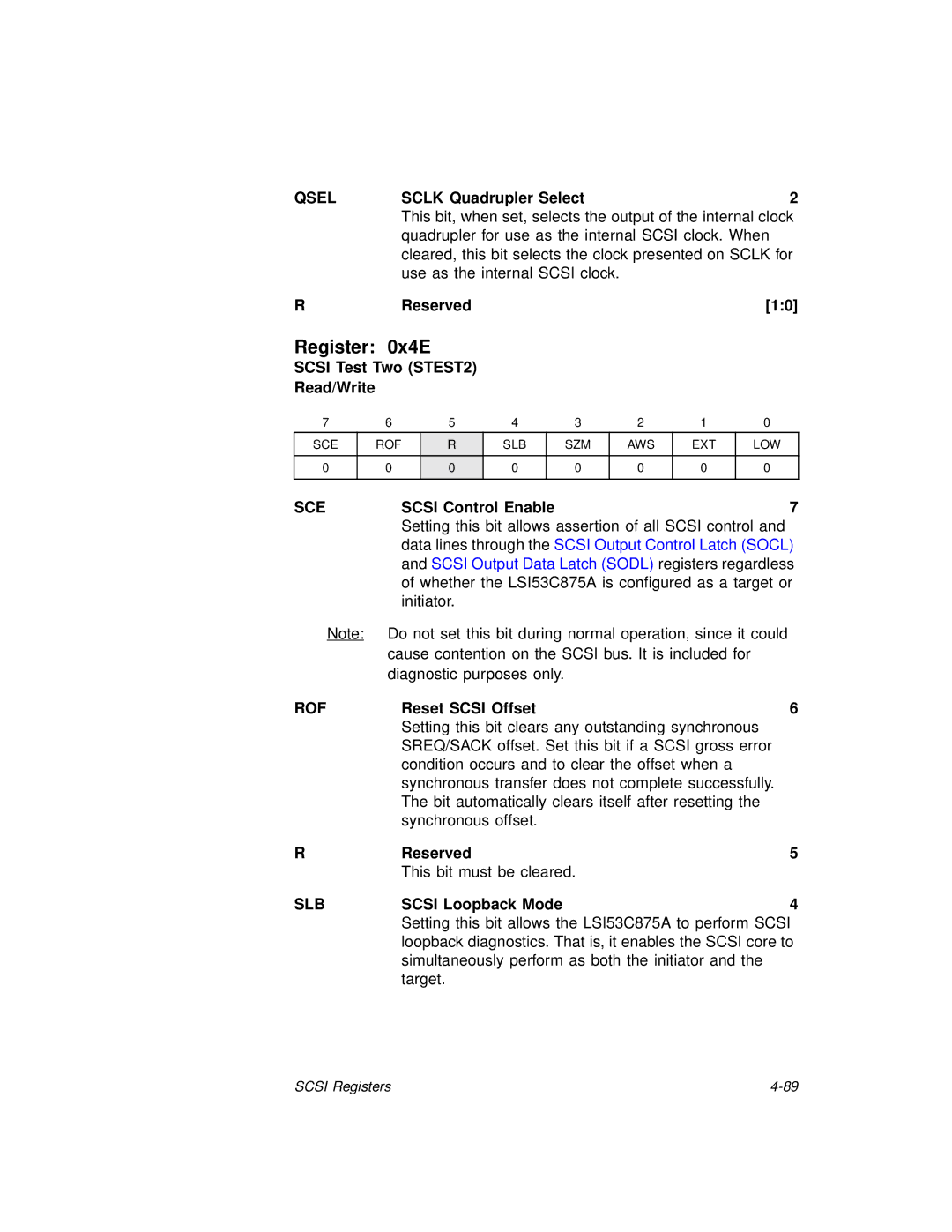 LSI 53C875A technical manual Register 0x4E, Qsel, Sce, Rof, Slb 