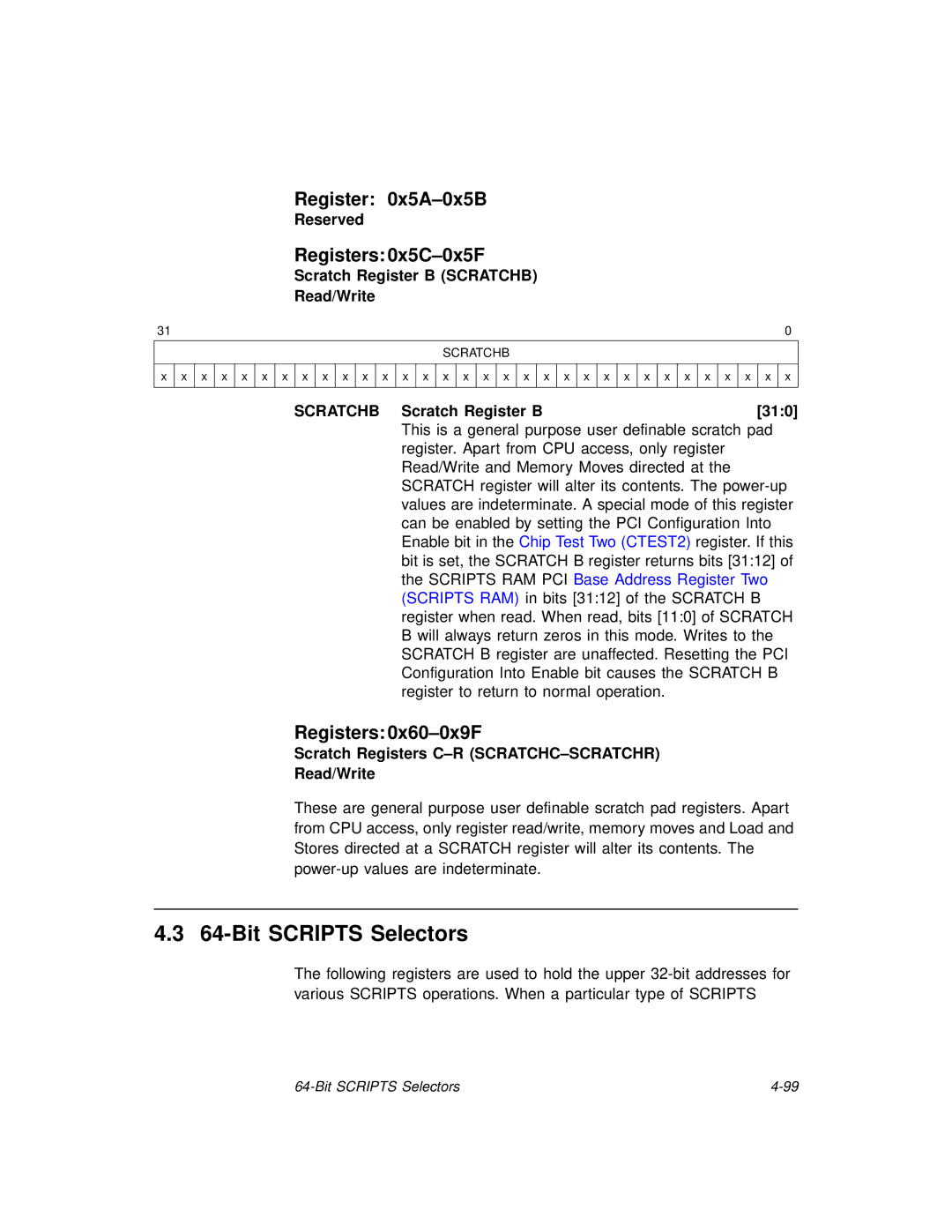 LSI 53C875A technical manual Bit Scripts Selectors, Register 0x5A-0x5B, Registers 0x5C-0x5F, Registers 0x60-0x9F 