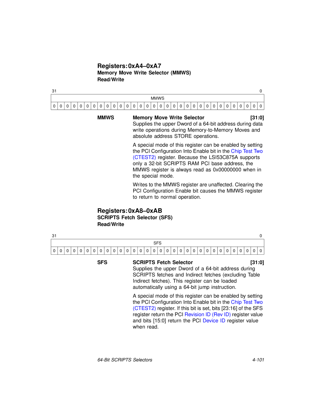 LSI 53C875A technical manual Registers 0xA4-0xA7, Registers 0xA8-0xAB, Mmws, Sfs 