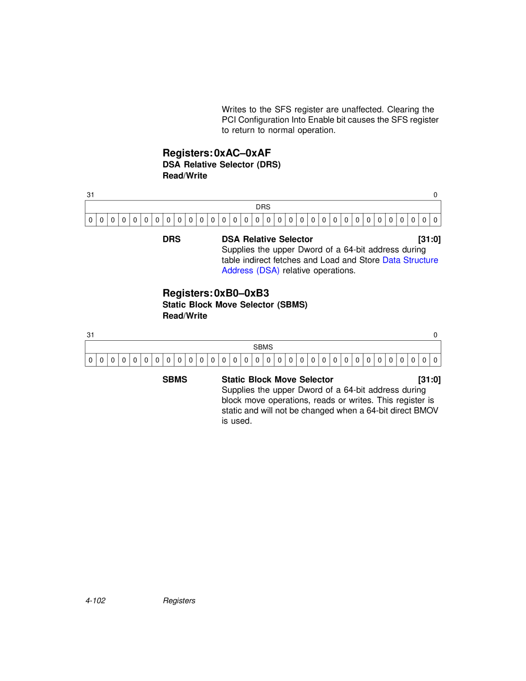 LSI 53C875A technical manual Registers 0xAC-0xAF, Registers 0xB0-0xB3, Drs, Sbms 