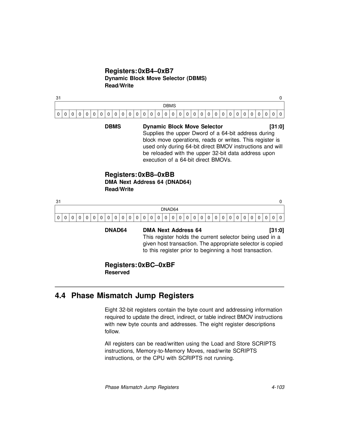 LSI 53C875A technical manual Phase Mismatch Jump Registers, Registers 0xB4-0xB7, Registers 0xB8-0xBB, Registers 0xBC-0xBF 