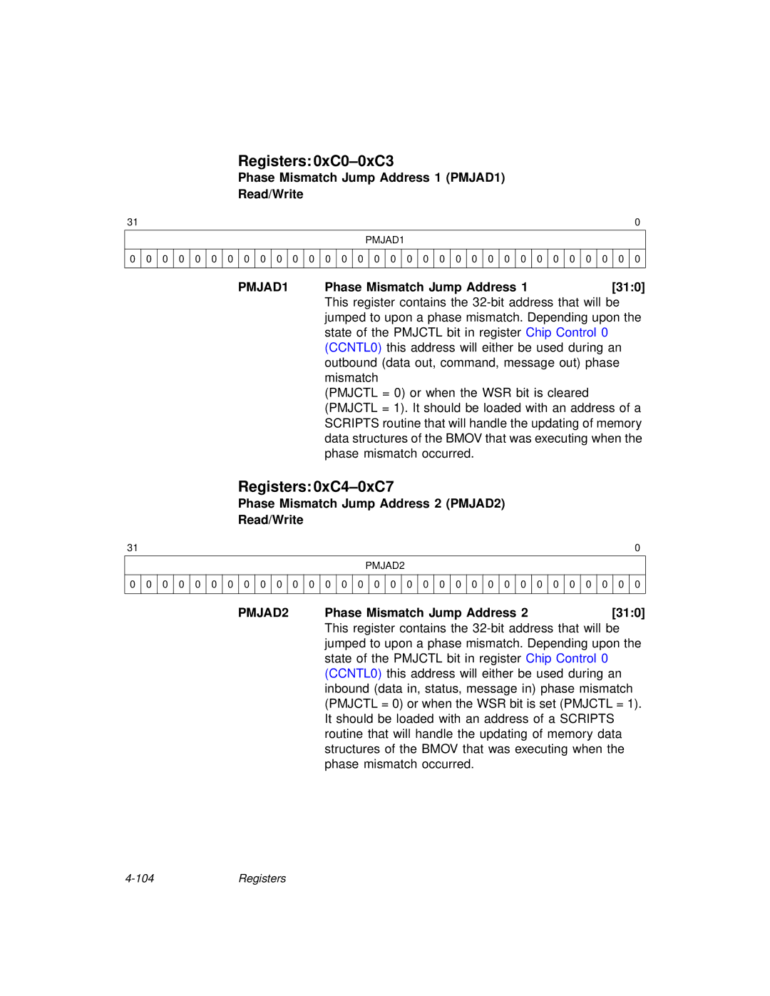 LSI 53C875A technical manual Registers 0xC0-0xC3, Registers 0xC4-0xC7, PMJAD1, PMJAD2 