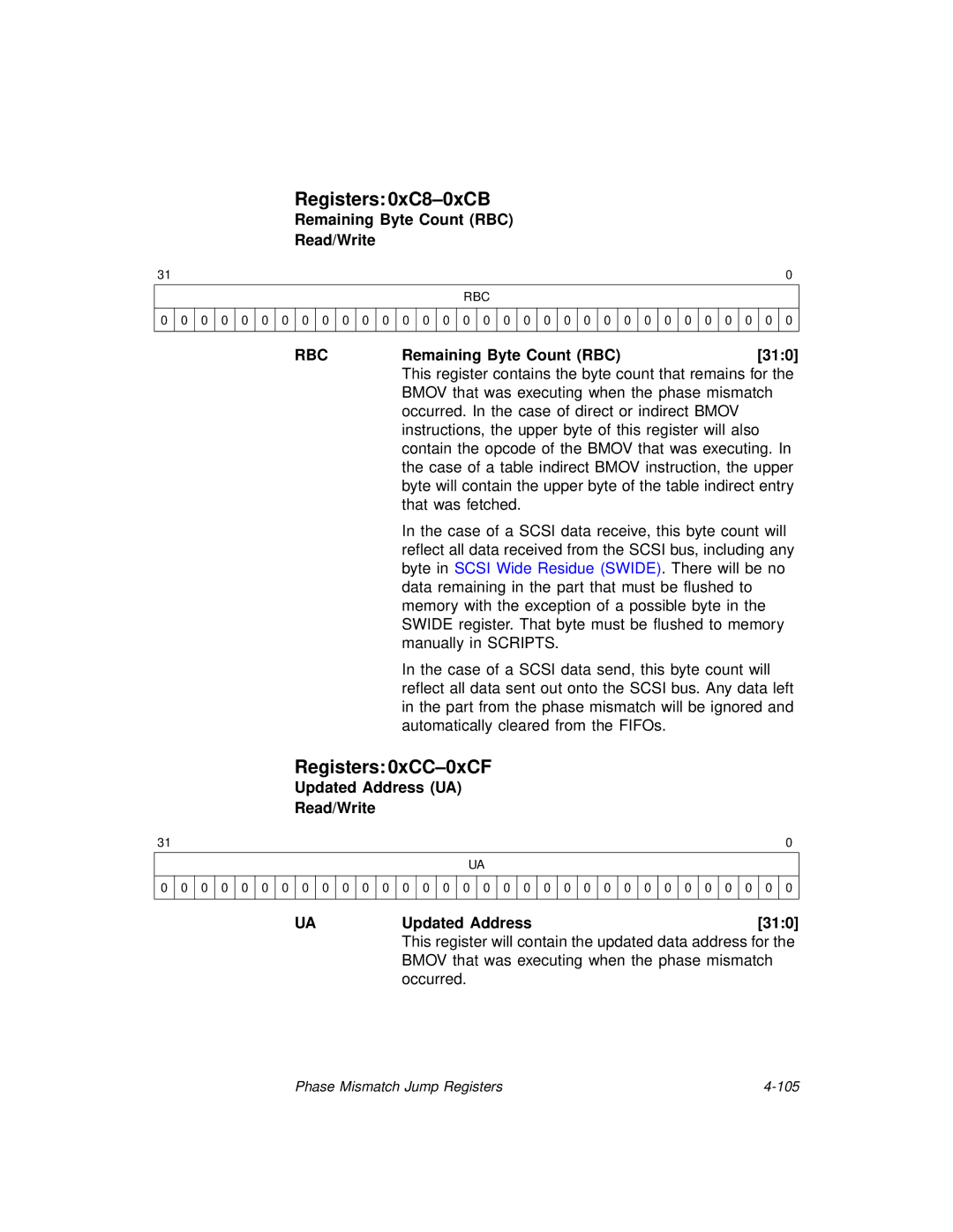 LSI 53C875A technical manual Registers 0xC8-0xCB, Registers 0xCC-0xCF, Rbc 