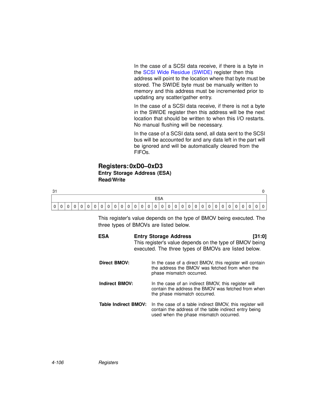 LSI 53C875A technical manual Registers 0xD0-0xD3, Entry Storage Address ESA Read/Write, Esa, Entry Storage Address 310 