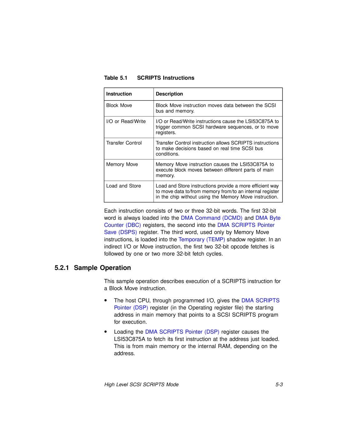 LSI 53C875A technical manual Sample Operation, Scripts Instructions, Instruction Description 