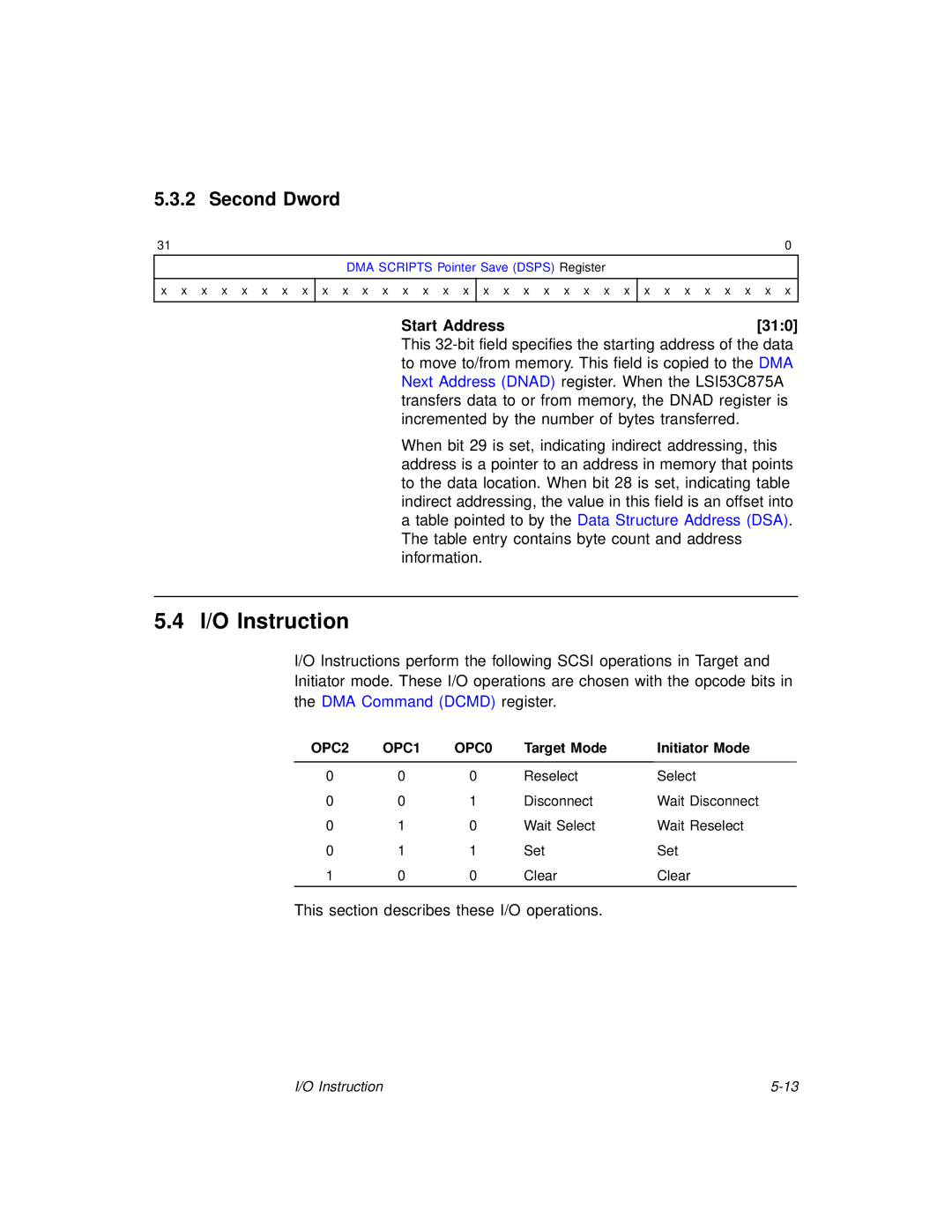 LSI 53C875A technical manual I/O Instruction, Second Dword, Start Address 310, Target Mode Initiator Mode 