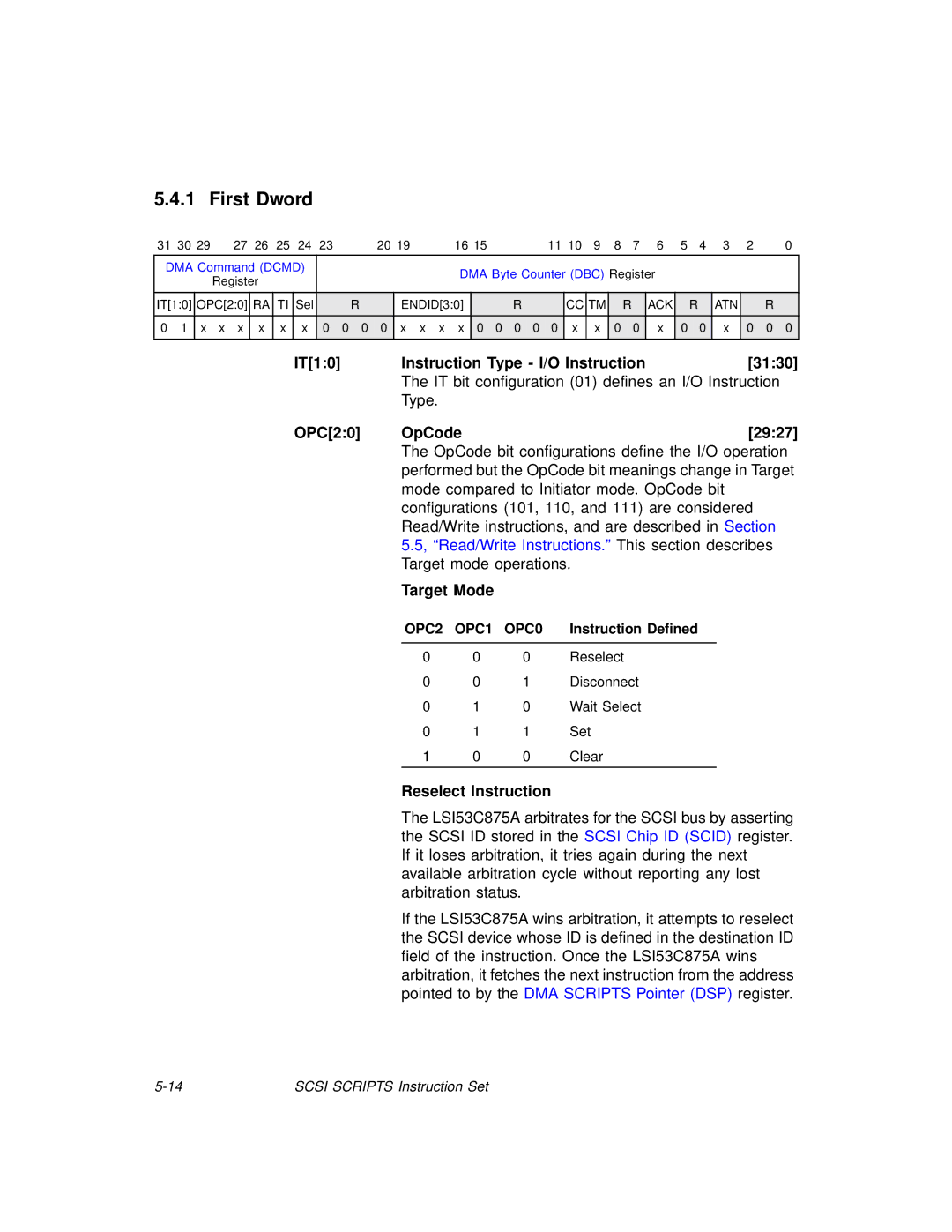 LSI 53C875A IT10 Instruction Type I/O Instruction 3130, OPC20 OpCode 2927, Reselect Instruction, Instruction Defined 