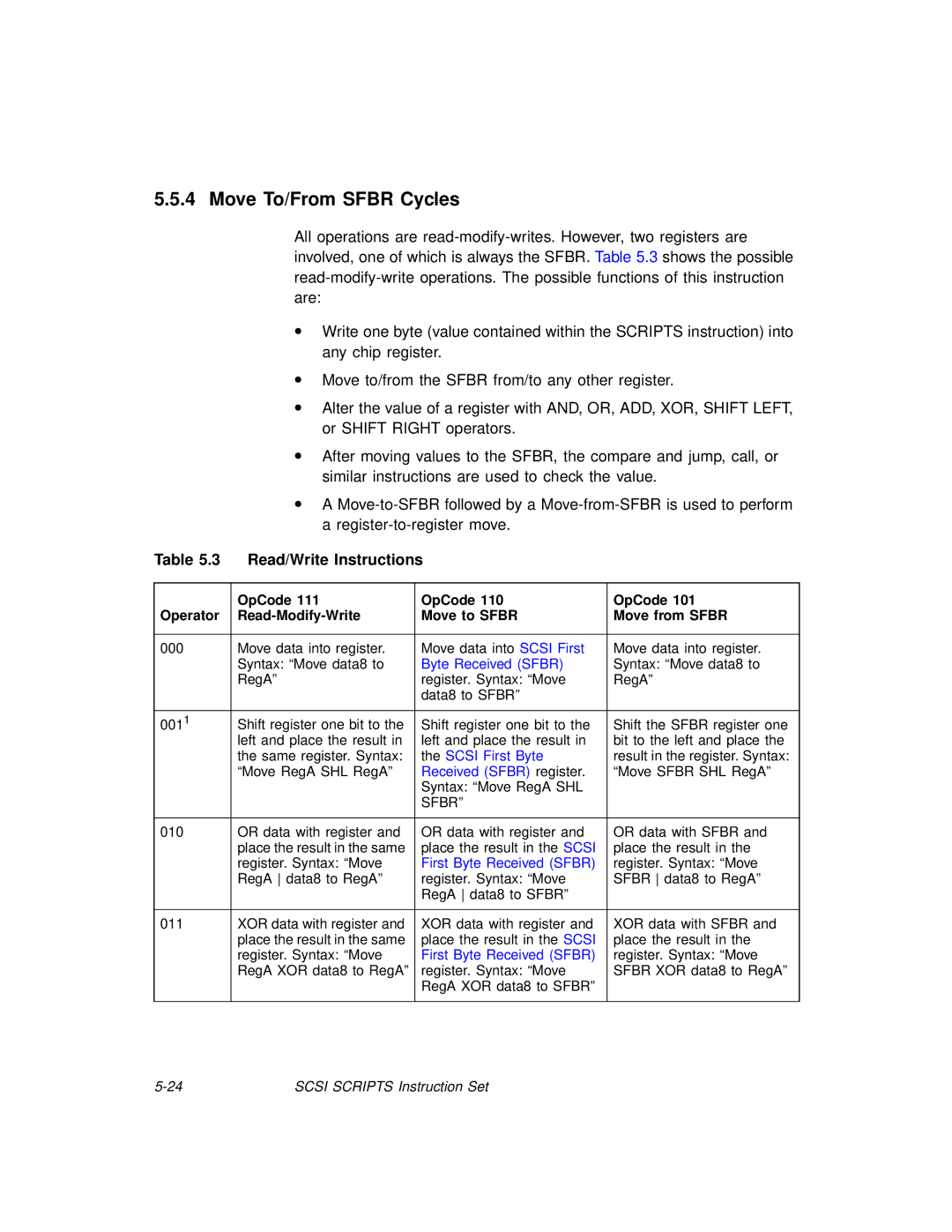 LSI 53C875A technical manual Move To/From Sfbr Cycles, Read/Write Instructions 