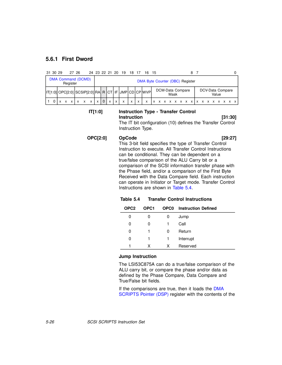 LSI 53C875A technical manual IT10 Instruction Type Transfer Control 3130, Transfer Control Instructions, Jump Instruction 