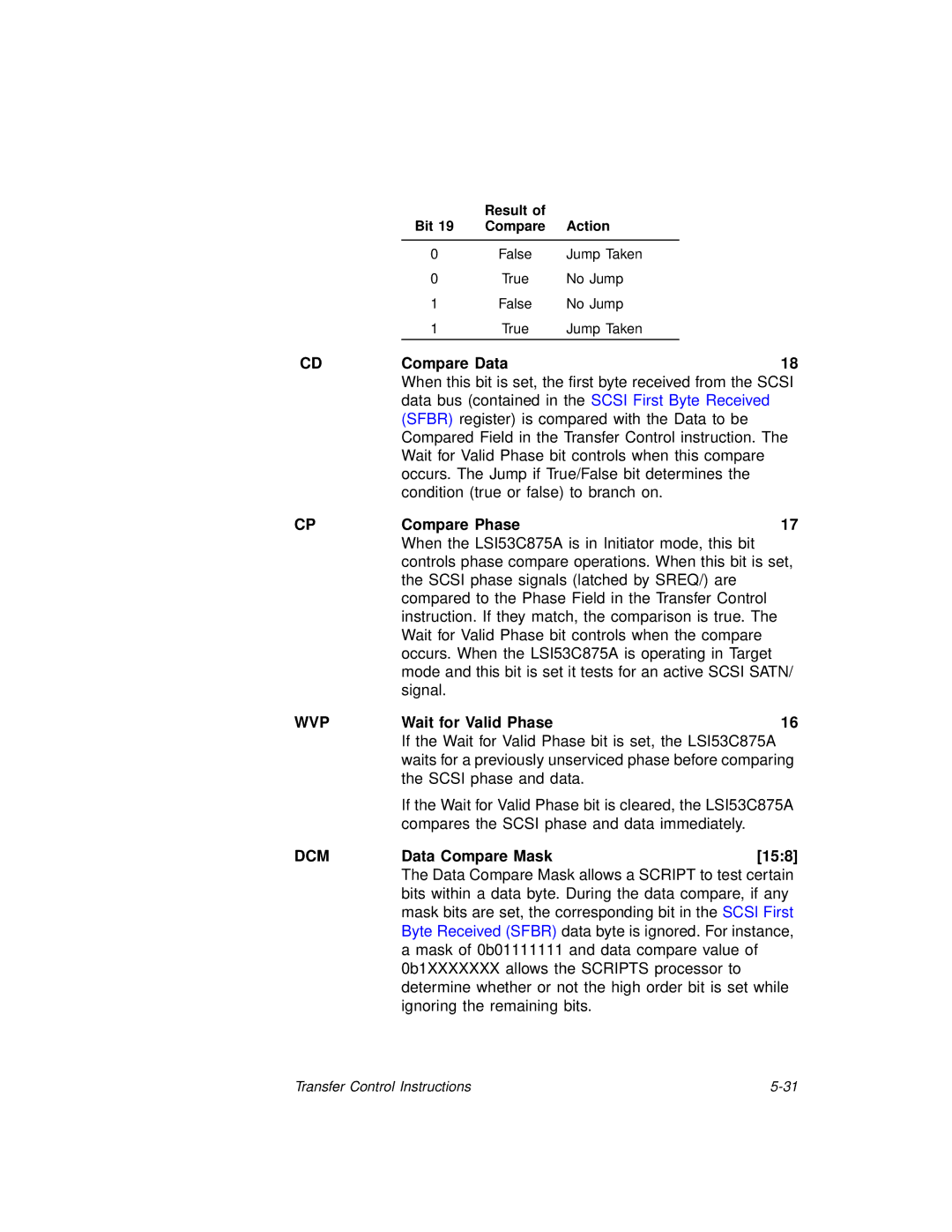 LSI 53C875A technical manual Compare Data, Compare Phase, Wvp, Wait for Valid Phase, DCMData Compare Mask158 