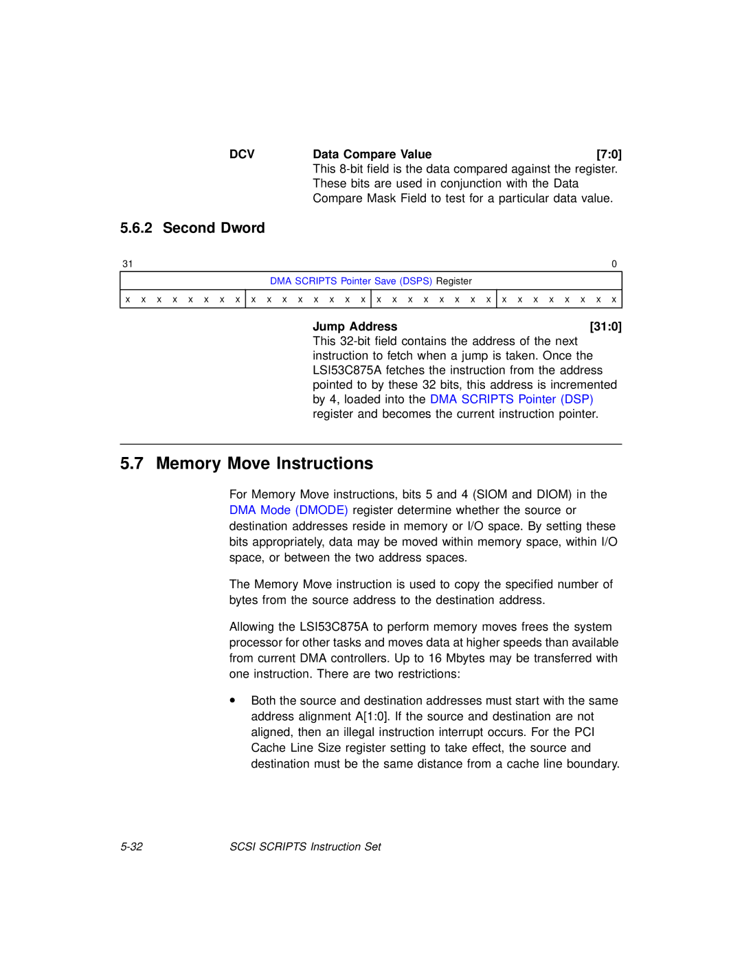 LSI 53C875A technical manual Memory Move Instructions, Dcv, Data Compare Value, Jump Address 310 