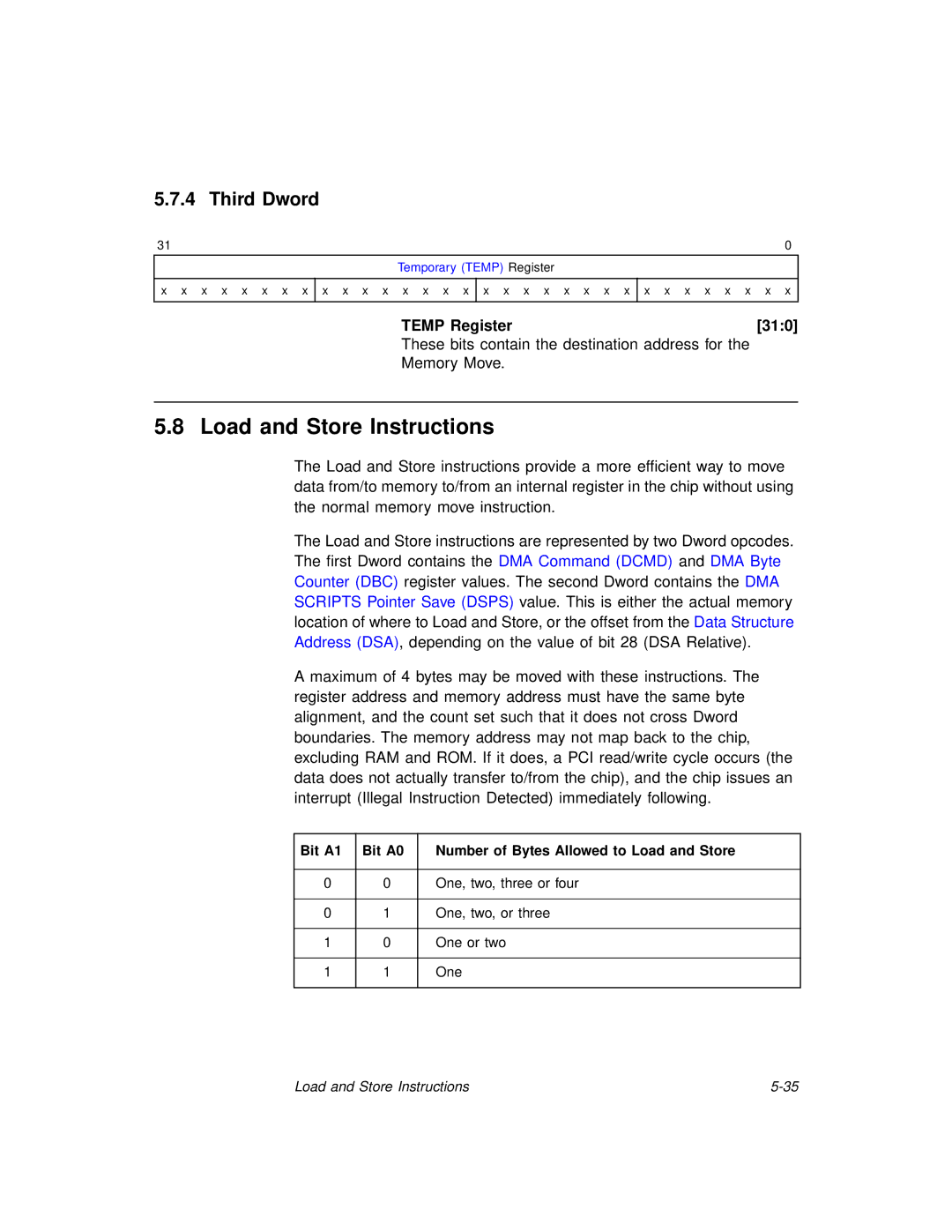 LSI 53C875A technical manual Load and Store Instructions, Third Dword, Temp Register 310 