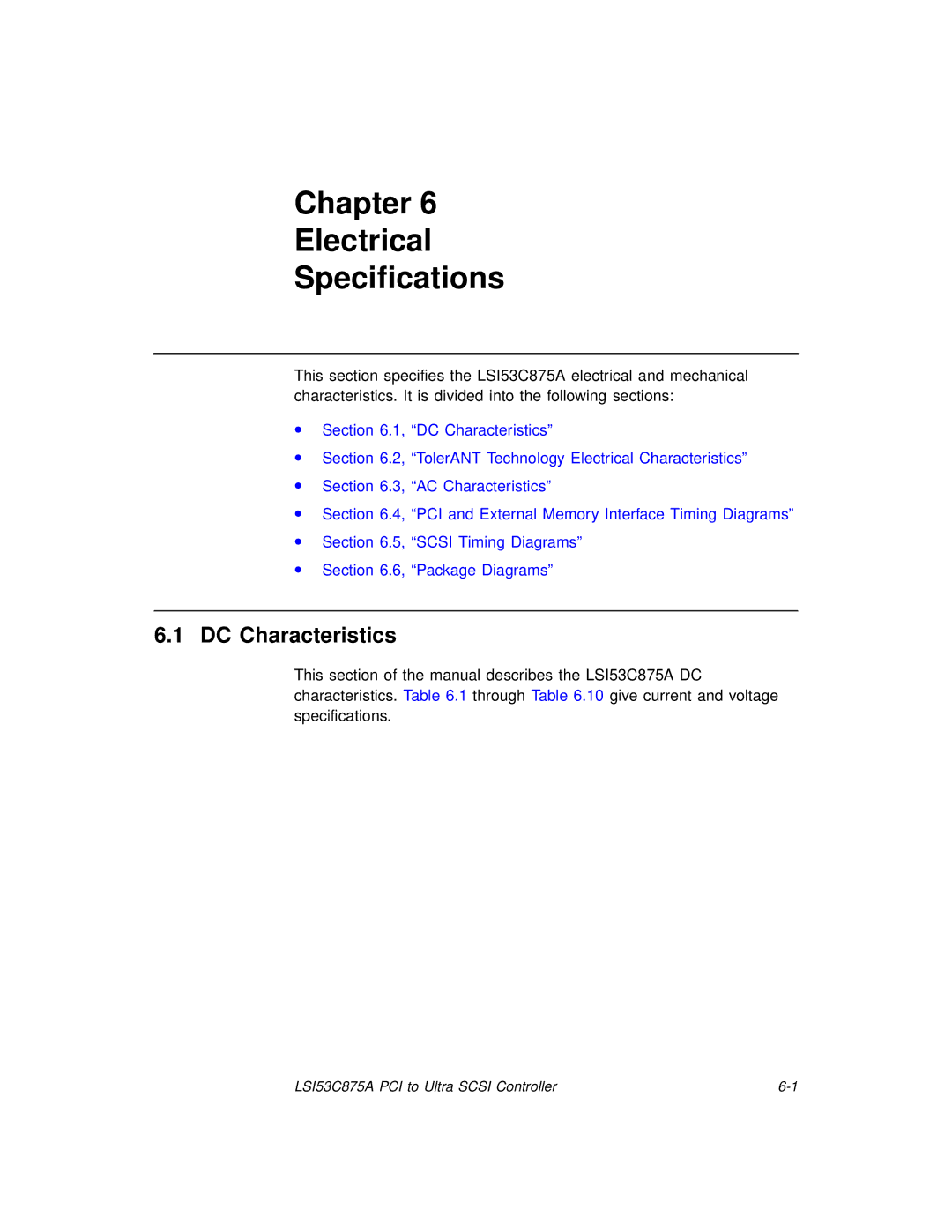 LSI 53C875A technical manual Chapter Electrical Specifications, DC Characteristics 